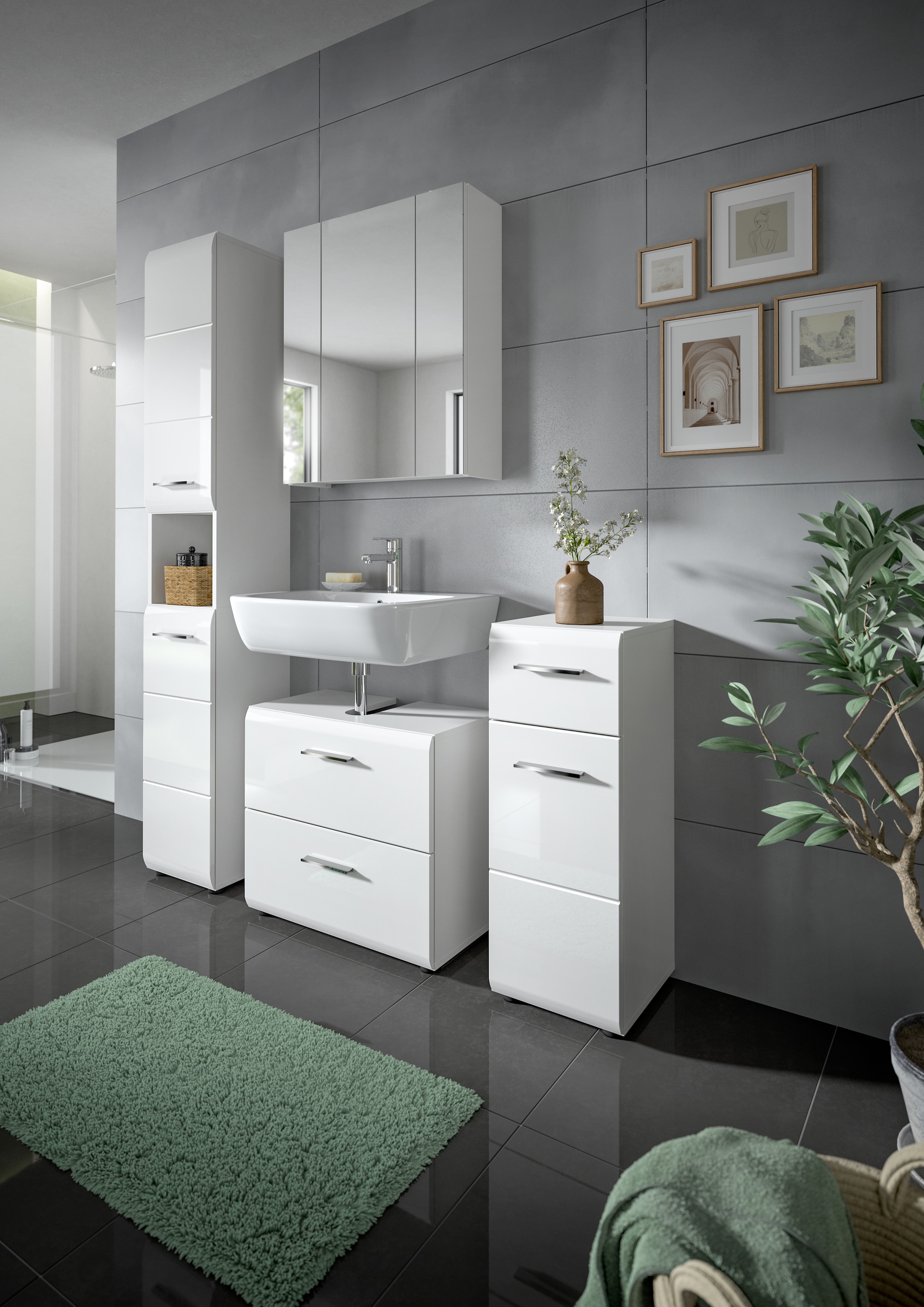 welltime Stauraumschrank 1 Stk. tlg. Florenz, Hochschrank, Weiß Hochglanz Tiefzieh, 185 cm hoch, Bad