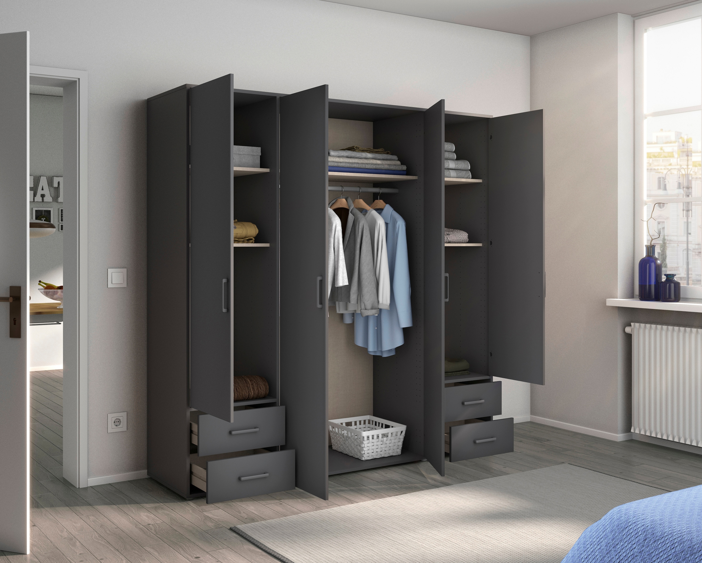 rauch Drehtürenschrank »Voyager, Kleiderschrank mit Außenschubkästen, Garderobe«, (in 3 verschiedenen Ausstattungen BASIC/CLASSIC/PREMIUM), Made in Germany