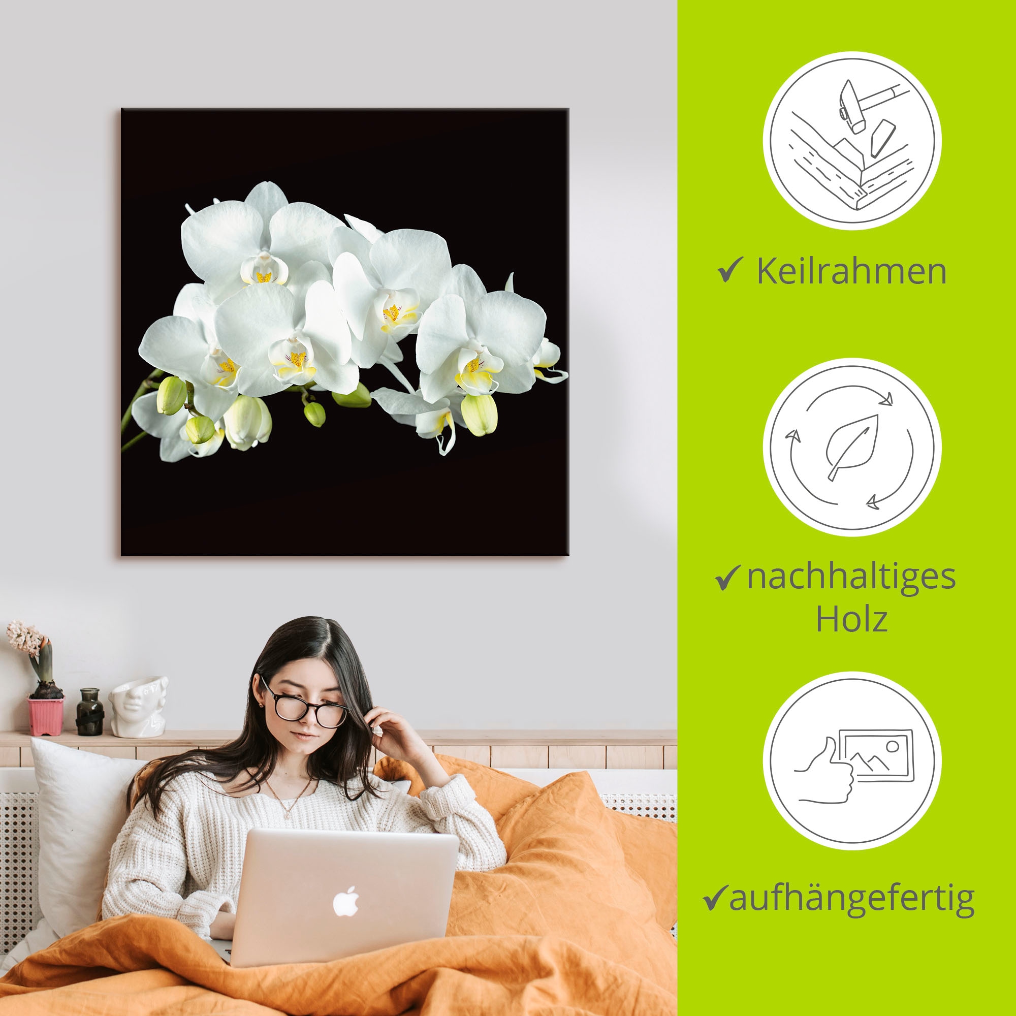 Artland Leinwandbild »Weiße Orchidee auf schwarzem Hintergrund« Blumen 1 Stk. tlg. auf Holzrahmen gespannt
