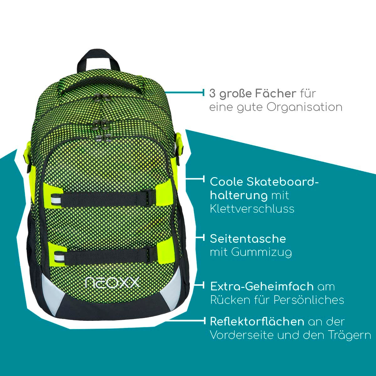 neoxx Schulrucksack »All about Neon Rucksack & Sporttasche«, Reflektorflächen, aus recycelten PET-Flaschen