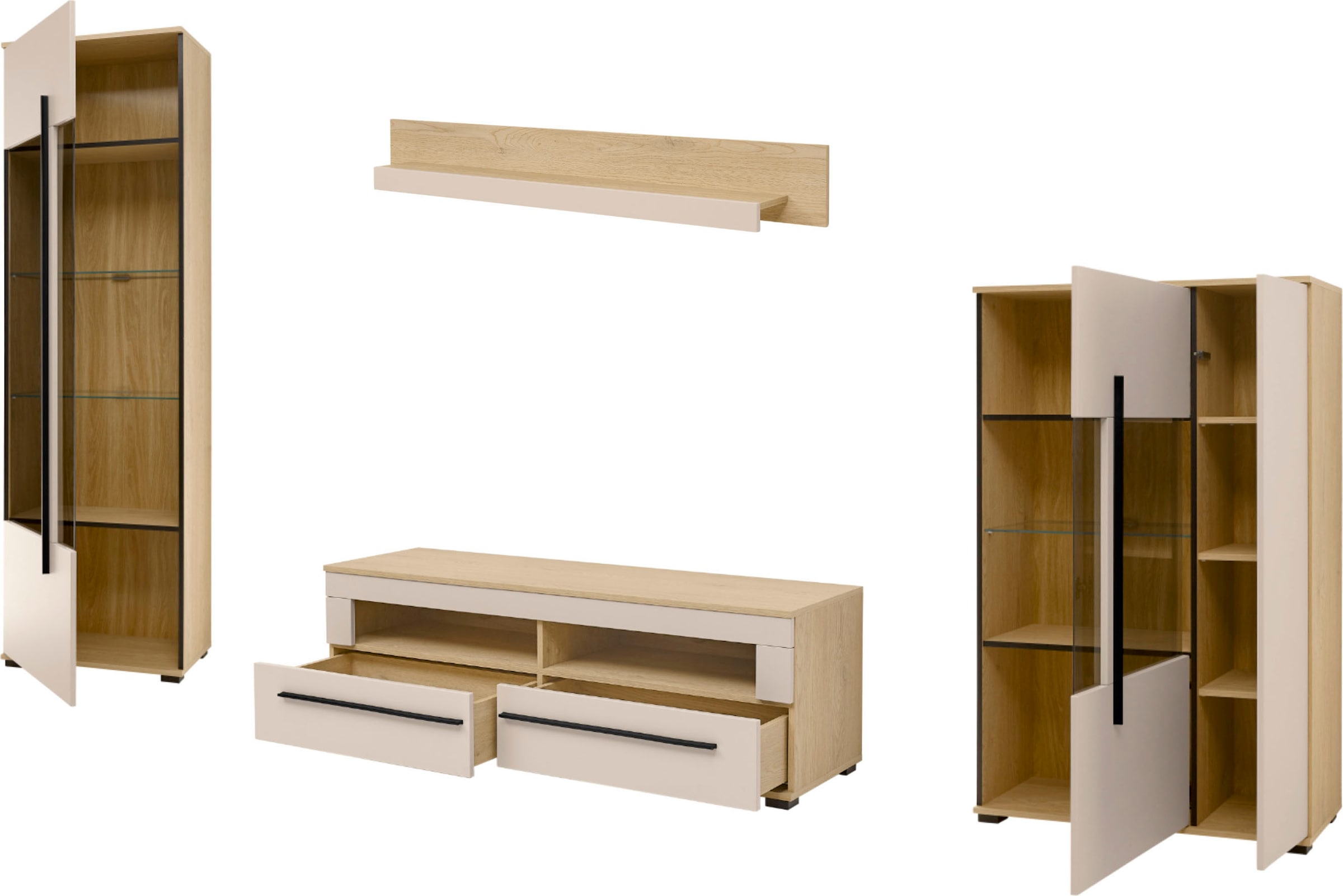 Home affaire Wohnwand »Cantara, Anbauwand, Wohnzimmer-Set, in Eiche Evoke, Weiß oder Kaschmir« Set, 