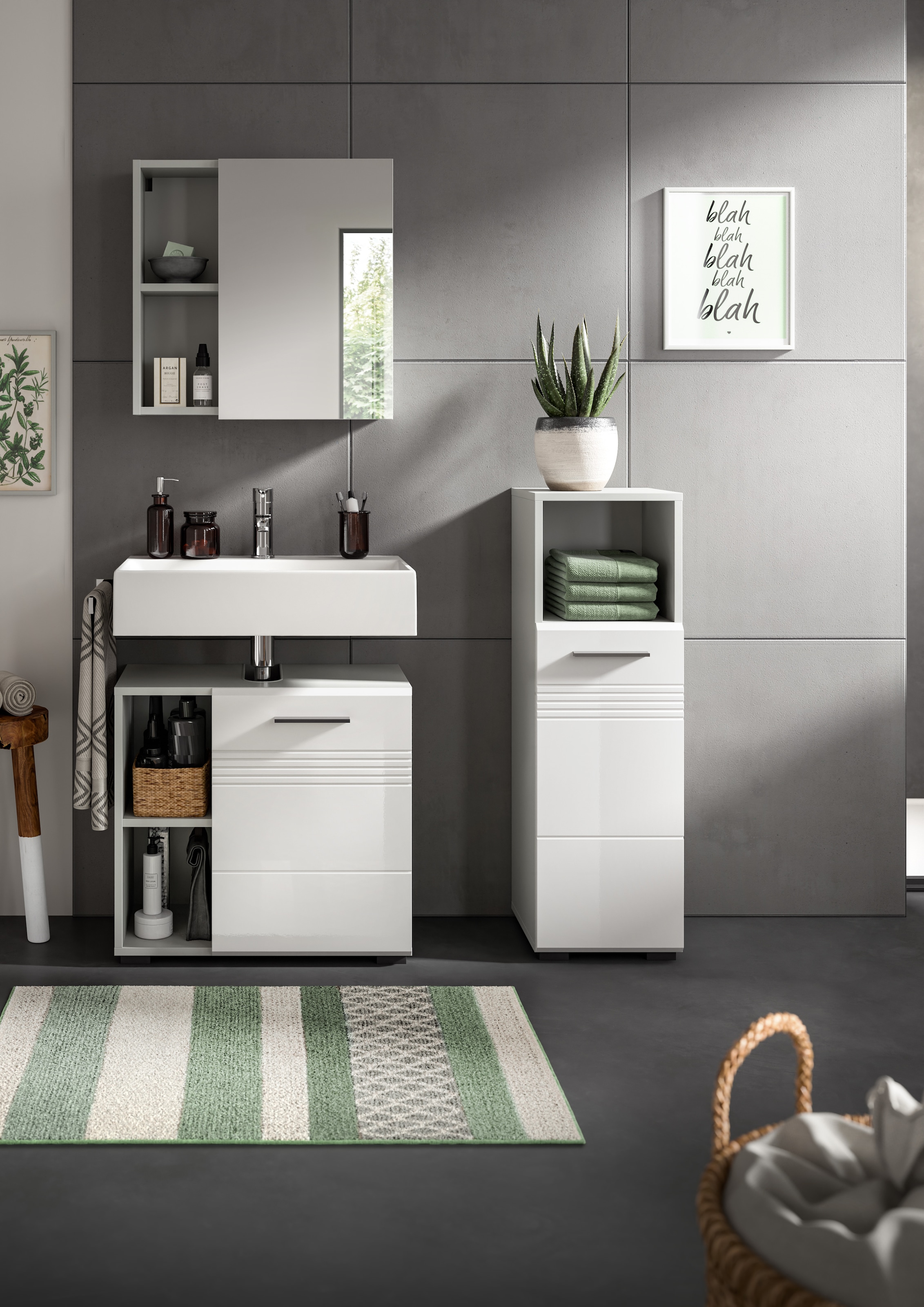 welltime Badmöbel-Set »Calicio, bestehend aus: Waschbeckenunterschrank, Spiegelschrank«, (3 St.), Unterschrank, hochwertige MDF Front mit Rillenfräsung