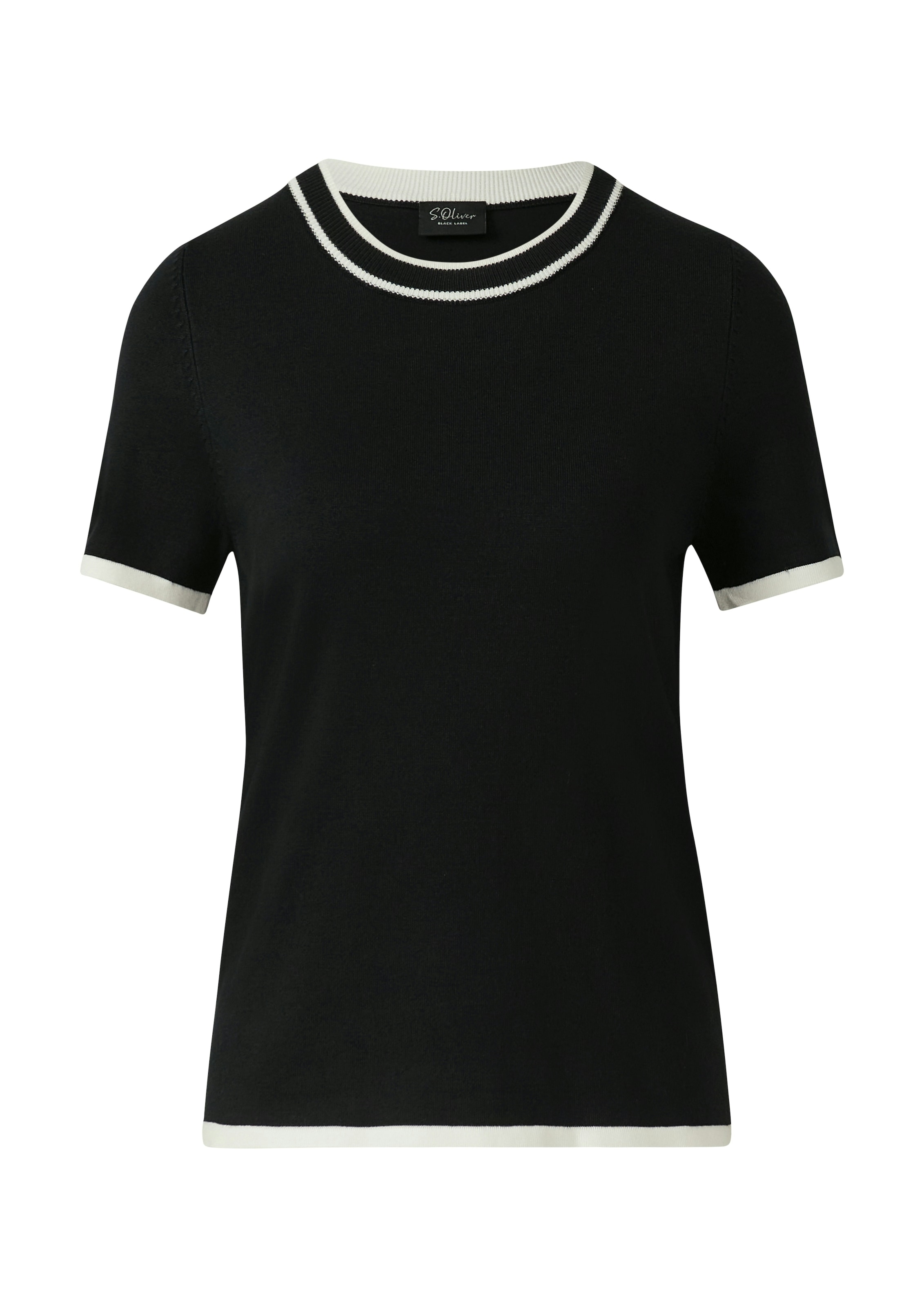 s.Oliver BLACK LABEL Kurzarmpullover Feinstrick, Rundhals mit kontrastfarbenen Bündchen