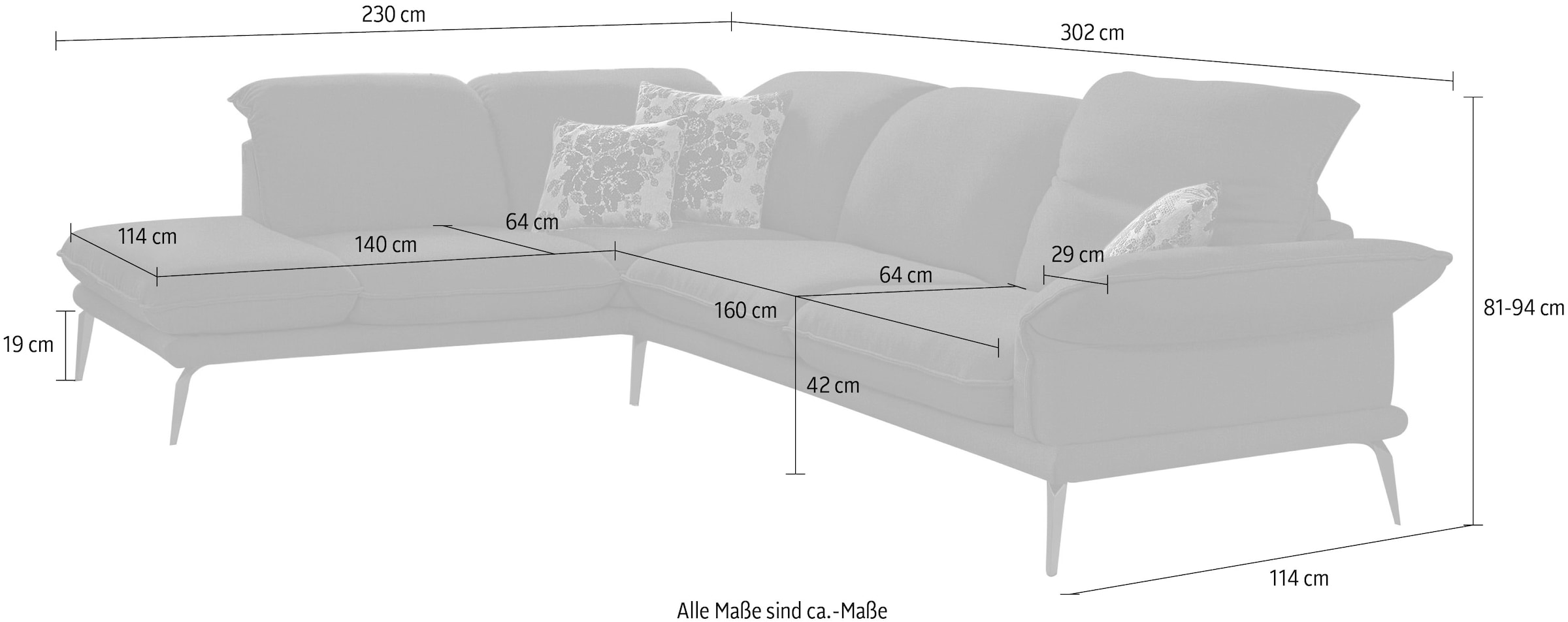 W.SCHILLIG Ecksofa »sherry«, mit Kopfstützenverstellung, Winkelfüße in Schwarz, Breite 302 cm