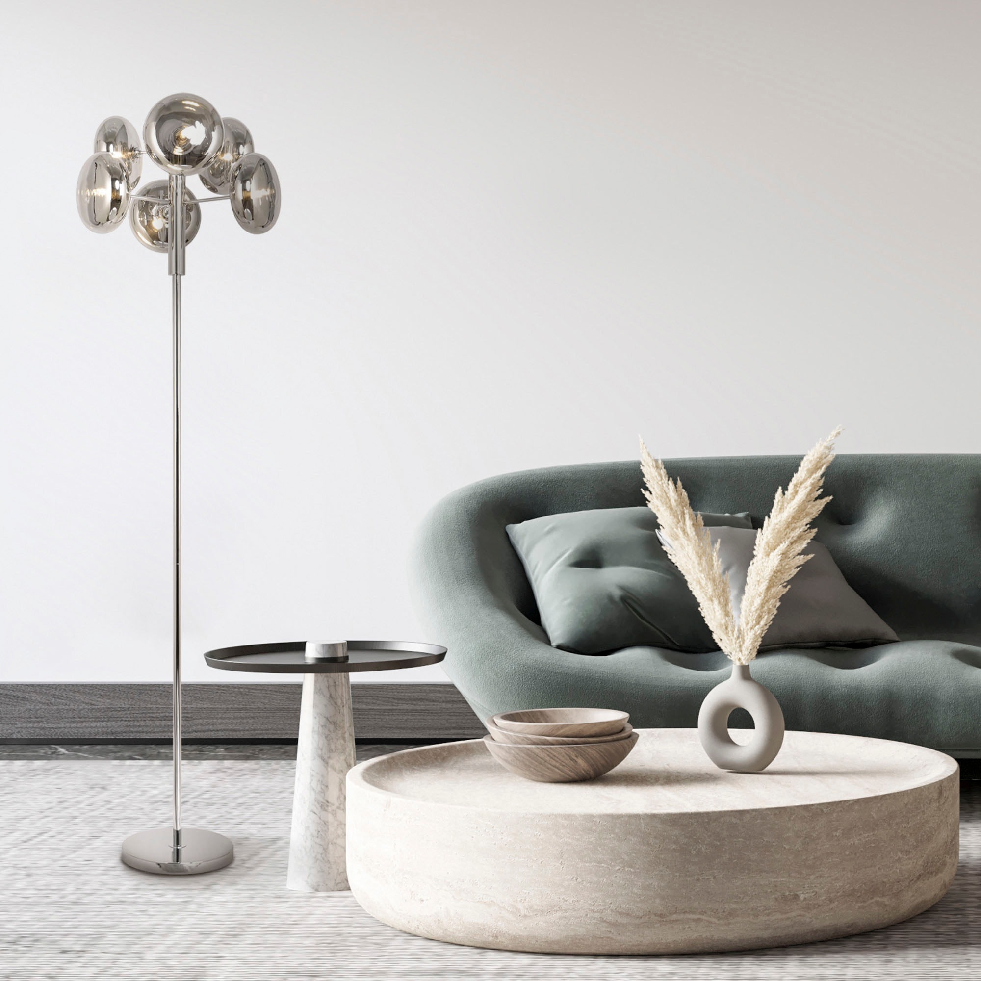 näve Stehlampe »Orion«, 6 flammig, Leuchtmittel G9   ohne Leuchtmittel, 6flg., G9, Glasschirme smokey/chrom, Zuleitung 200cm m. Fußschalter