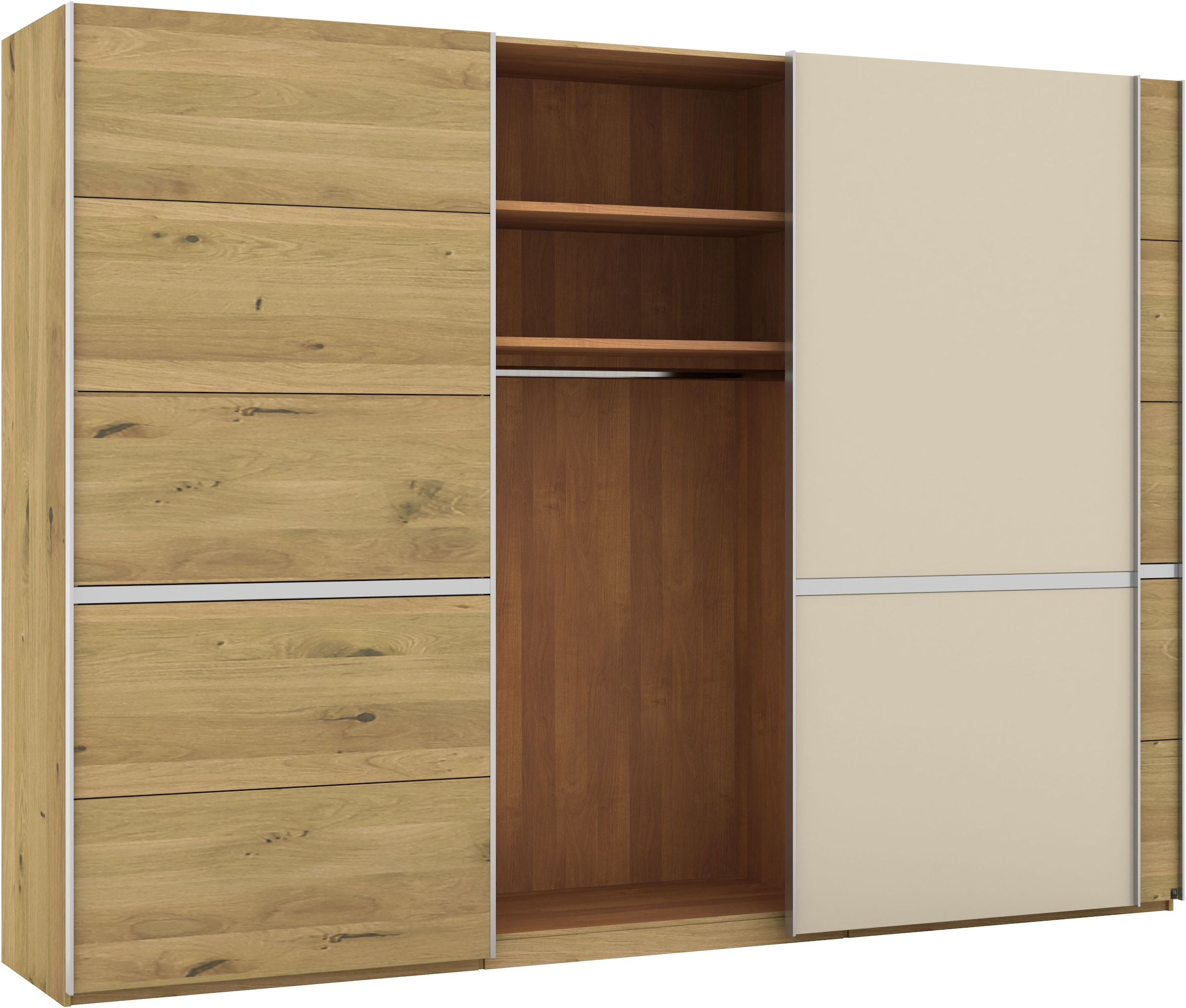 Musterring Schwebetürenschrank »Savona, Kleiderschrank, Schrank, Garderobe, mit Schiebetüren«, (Teilmassiv Bianco-Eiche, mit Spiegel oder Glas, MADE IN GERMANY), Türen Bianco-Eiche massiv, Spiegel-/Glastüren, eingelegte Chromleiste