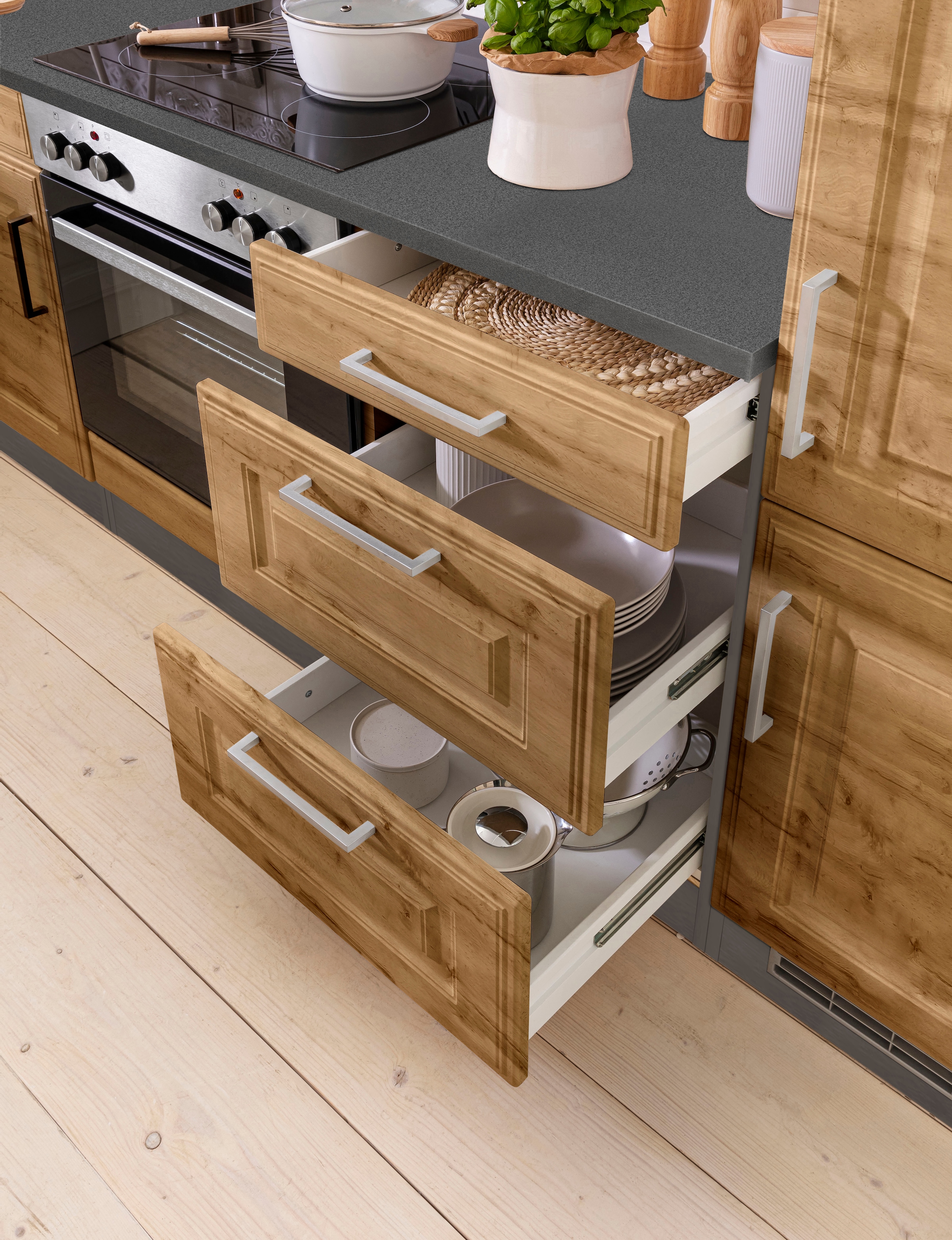 KOCHSTATION Winkelküche »KS-Stockholm«, Stellbreite 220/310 cm, mit hochwertigen MDF Fronten im Landhaus-Stil