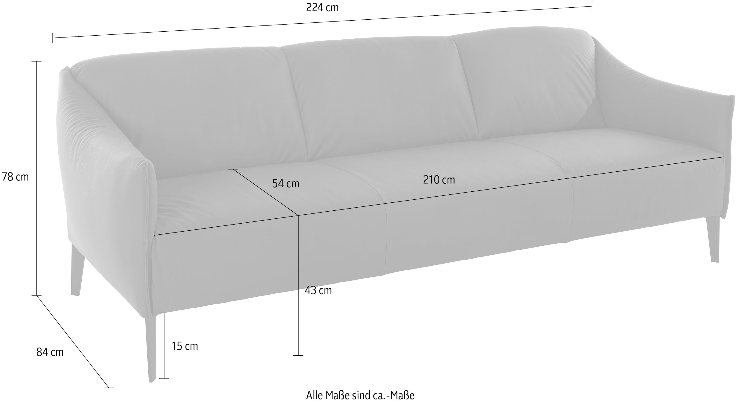 W.SCHILLIG 3-Sitzer »sally Designsofa, Loungesofa, bequem, schmale Armlehnen, Breite 224cm« mit Metall-Winkelfüßen in Silber matt, Breite 224 cm