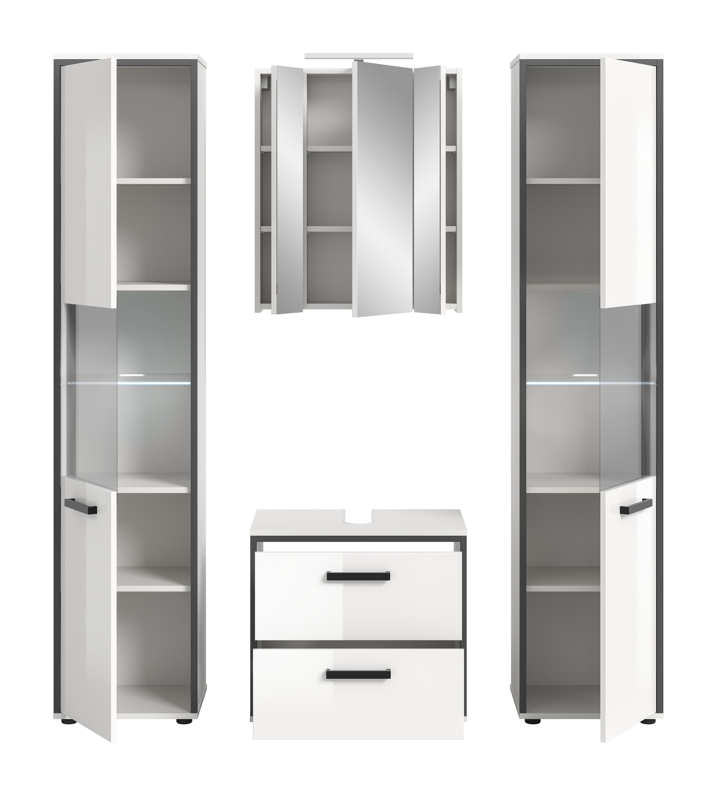 welltime Badmöbel-Set »KAJO, 4-tlg. Badkombination, weiß hochglanz inkl.Beleuchtung« Set, Set, best. aus: 2 Hochschränken,WBU,Spiegelschrank,Beleuchtung, 7 Stk. tlg.