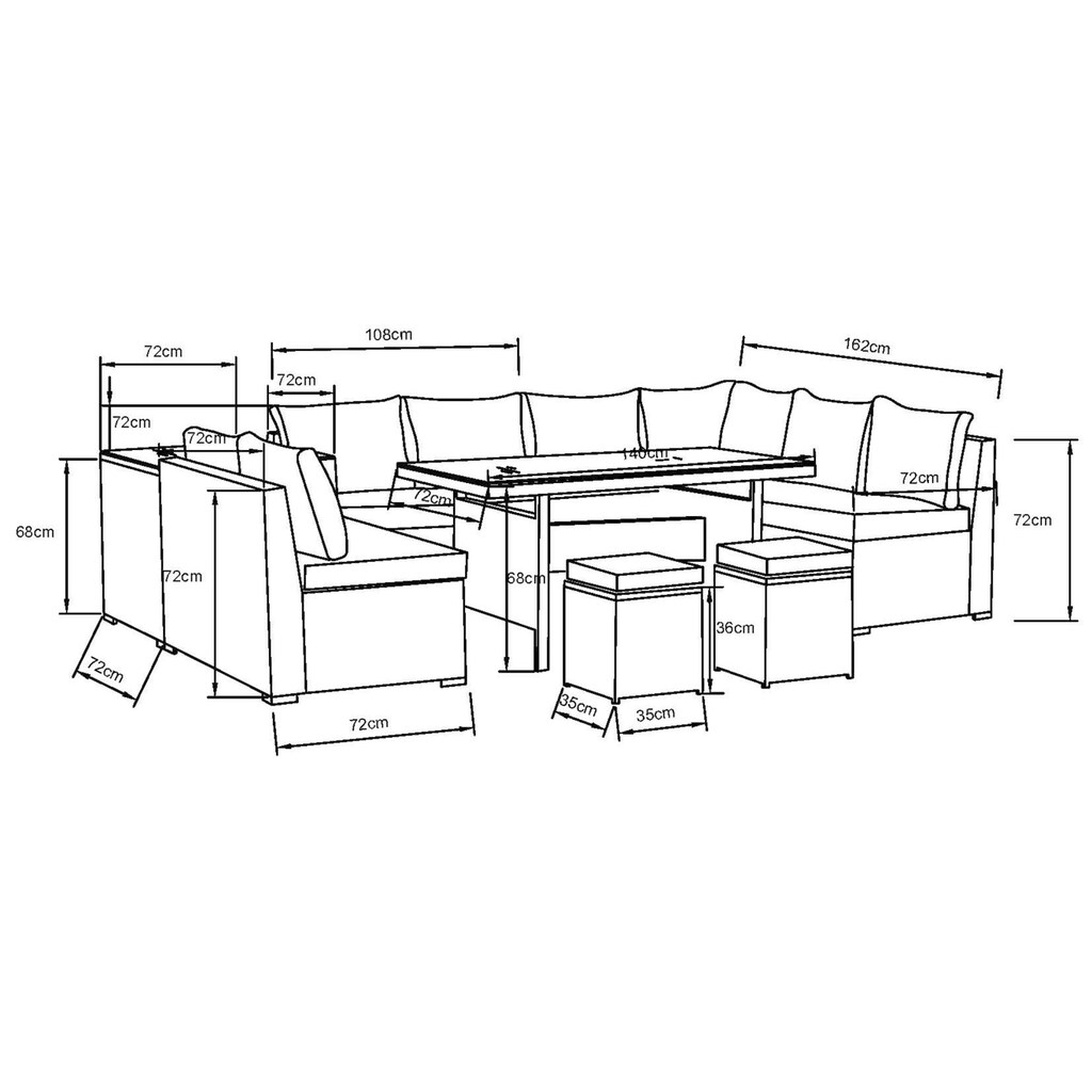 KONIFERA Gartenlounge-Set »Kalamos«, (Set, 23 tlg., 3er-Sofa, 2x 2er Sofa, Ecksofa, 2x Hocker, 2x Tisch, inkl. Auflagen), Polyrattan, Aluminium, 10 Personen, individuell aufstellbar