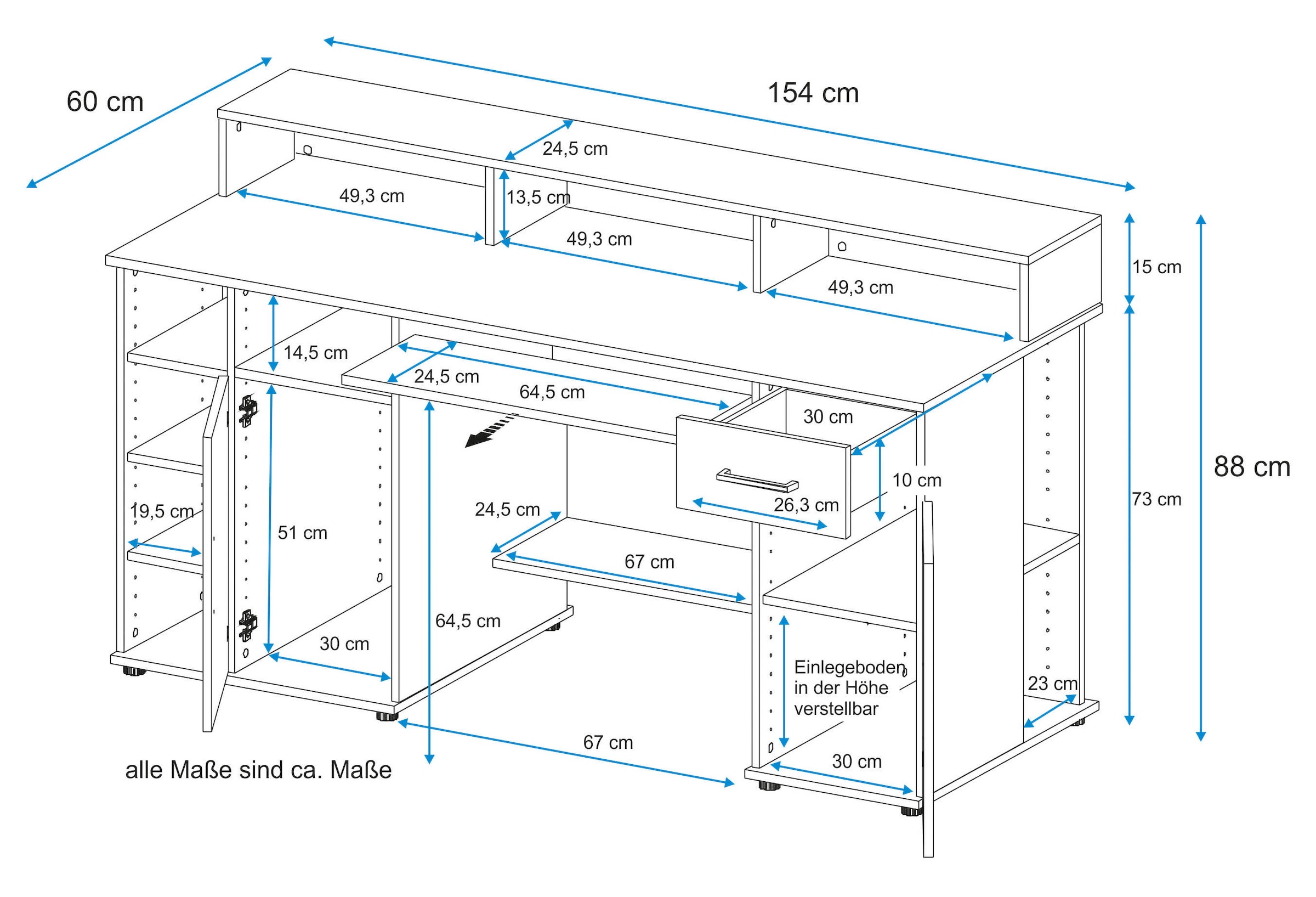 VOGL Möbelfabrik Schreibtisch »Tim mit Monitoraufsatz, Tastaturauszug & Towerfach,«, Breite 154 oder 178 cm, Made in Germany