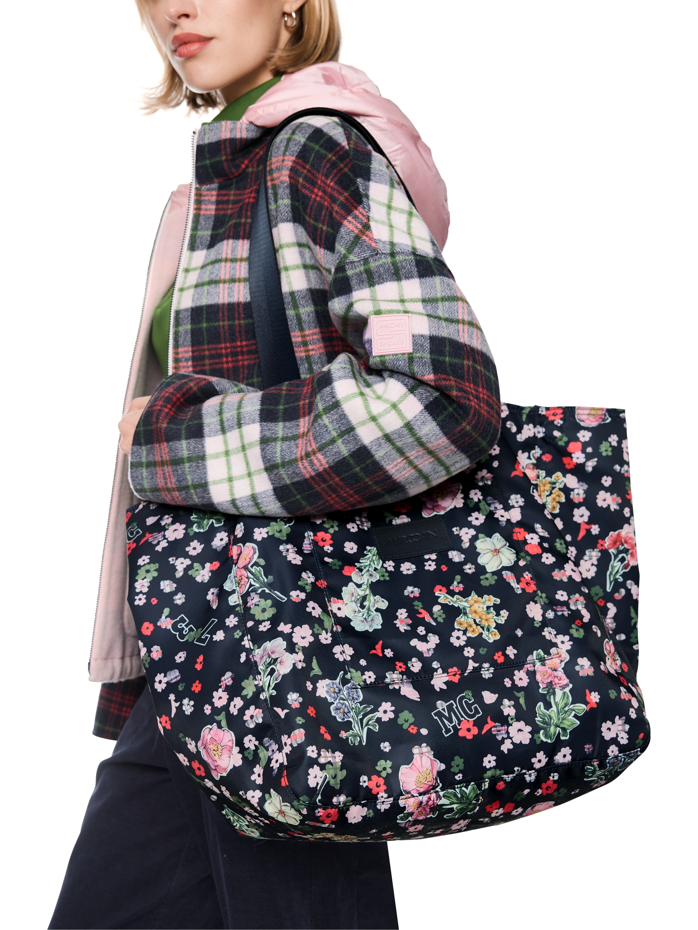 Marc Cain Shopper Damen Handtasche, Schultertasche mit hübschem Blumenmuster