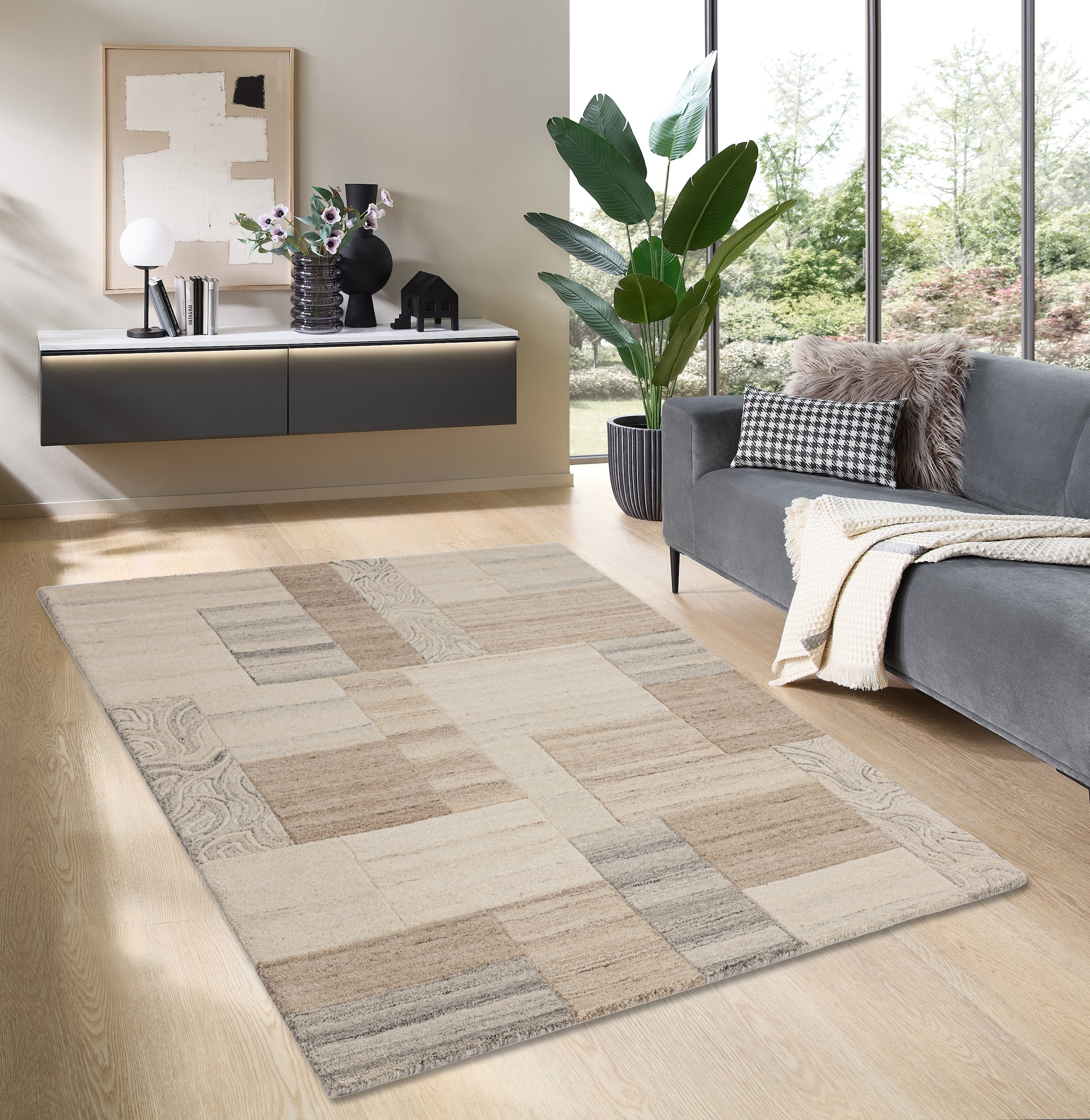 THEKO Wollteppich »Lola, Wolle, handgearbeitet, Patchwork Design, handgetuftet«, rechteckig, 12 mm Höhe, Wohnzimmer, Schlafzimmer, Esszimmer, auch als Läufer und rund