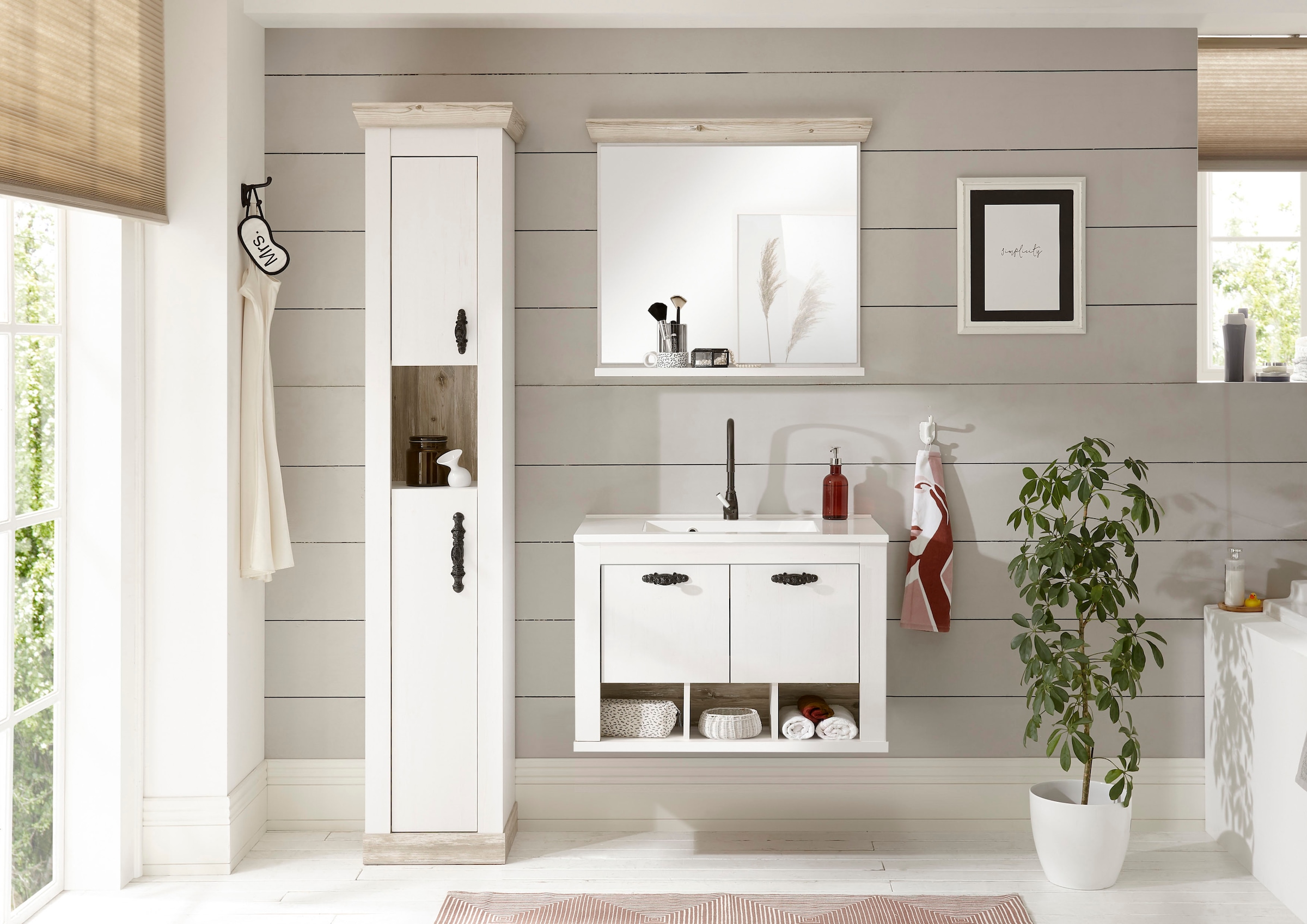 Home affaire Badmöbel-Set »Florenz, Bad im Landhausstil, 3-teiliges Badezimmer«, (3 St.), Hänge-Waschtisch, Schrank und Spiegel, in Pinie Weiß, Stauraum