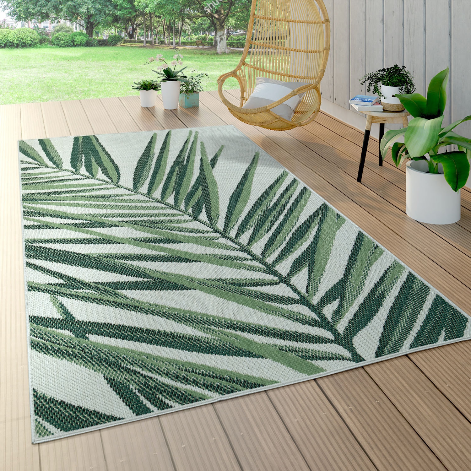 Paco Home Teppich »Ostende 537«, rechteckig, 4 mm Höhe, Flachgewebe, Motiv Palmenblätter, In- und Outdoor geeignet, Wohnzimmer