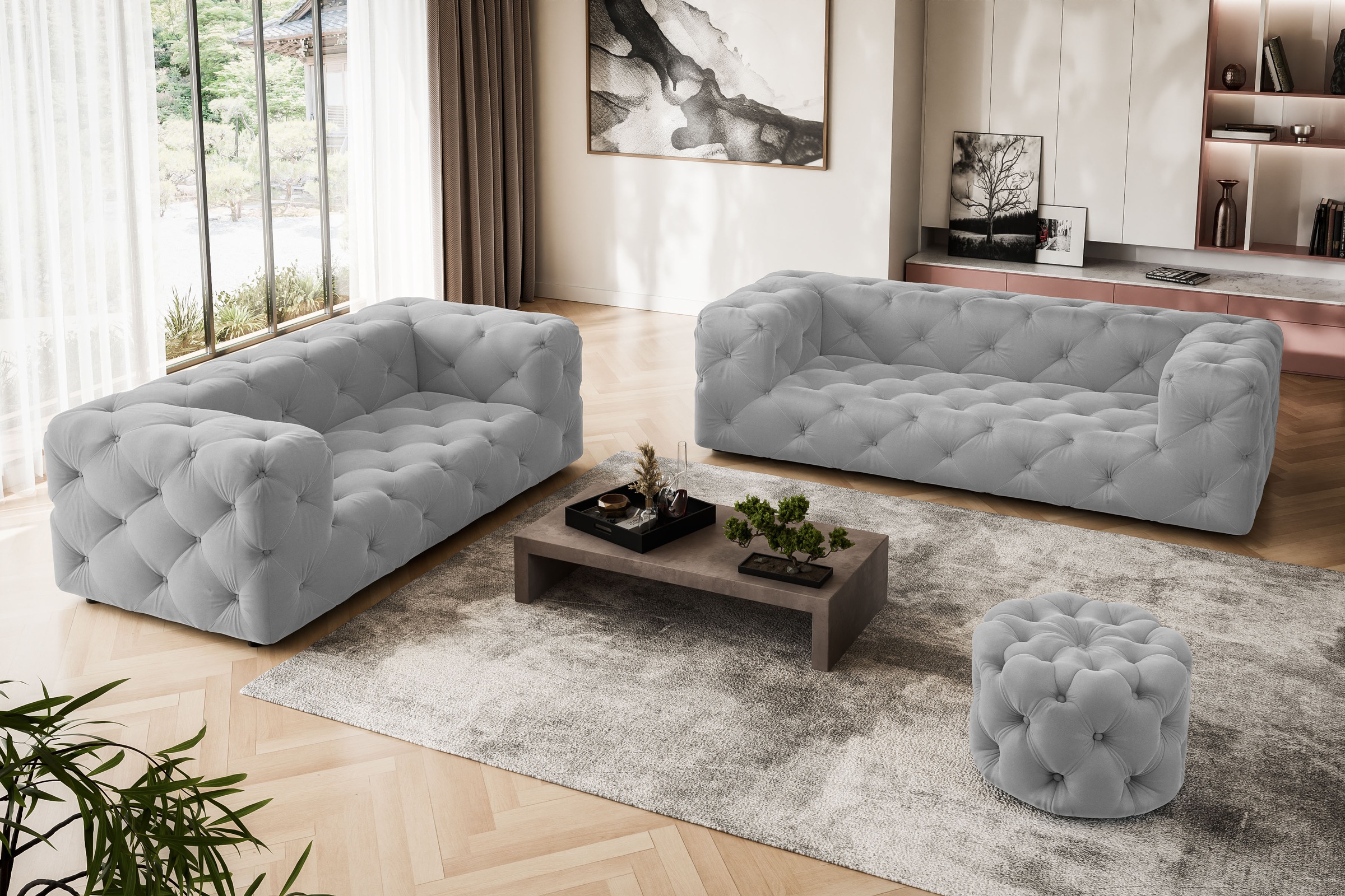 Places of Style Hocker »FOLLINA«, Polsterhocker mit klassischer Chesterfield-Knopfheftung