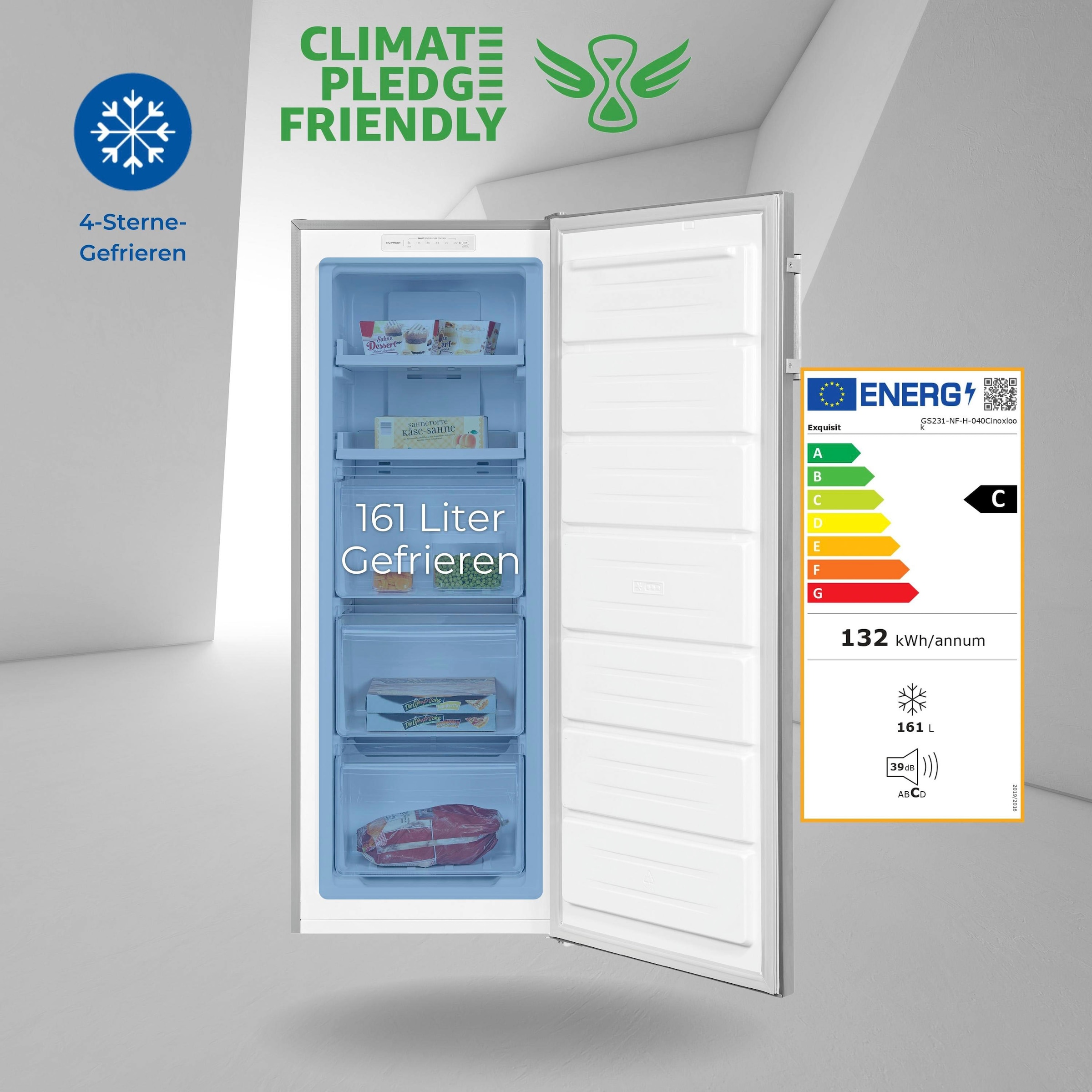 exquisit Gefrierschrank »GS231-NF-H-040Cinoxlook«, 143 cm hoch, 54 cm breit, NoFrost, 161 Liter Nutzinhalt