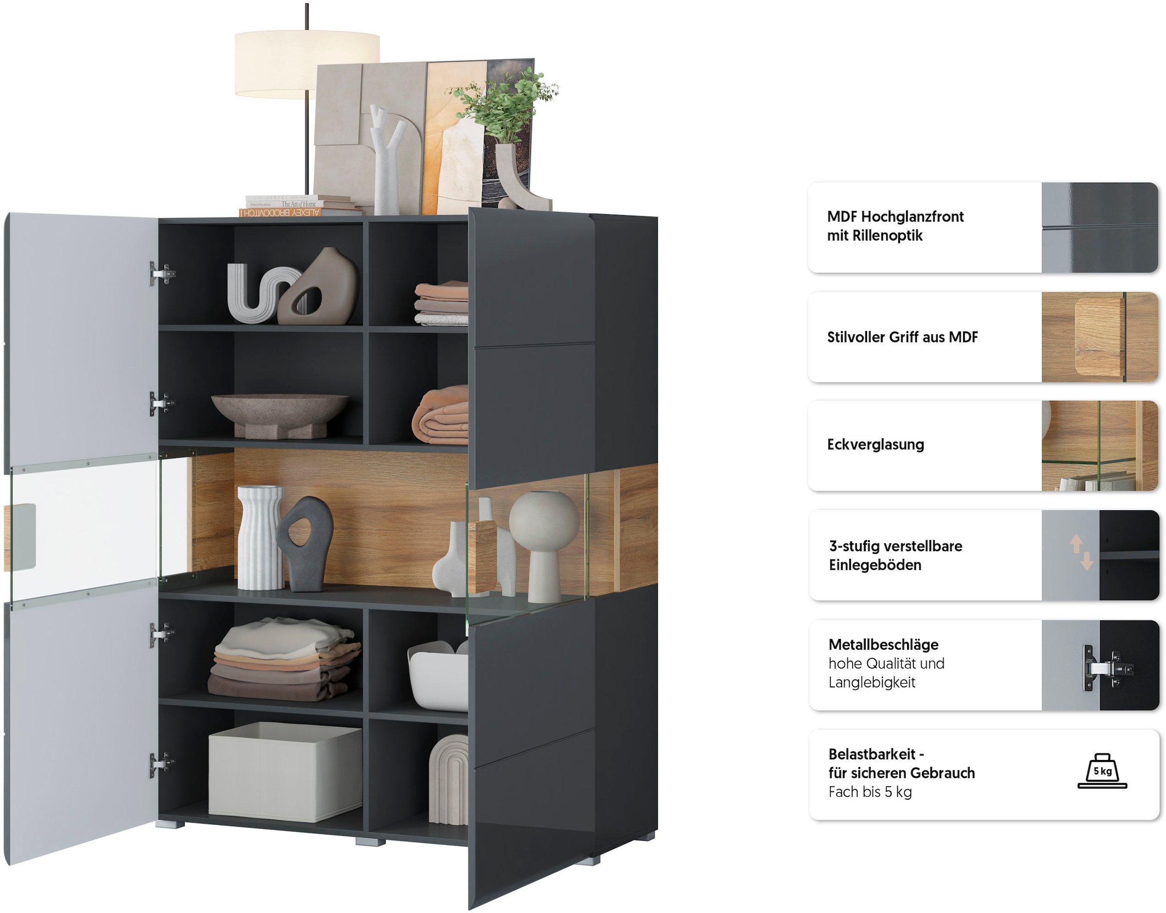 OTTO home Highboard »Toledo,Breite 121,5 cm, trendige Hochkommode mit 2 Türen« Hochschrank mit Glas-Partien,stylische Hochglanzfronten