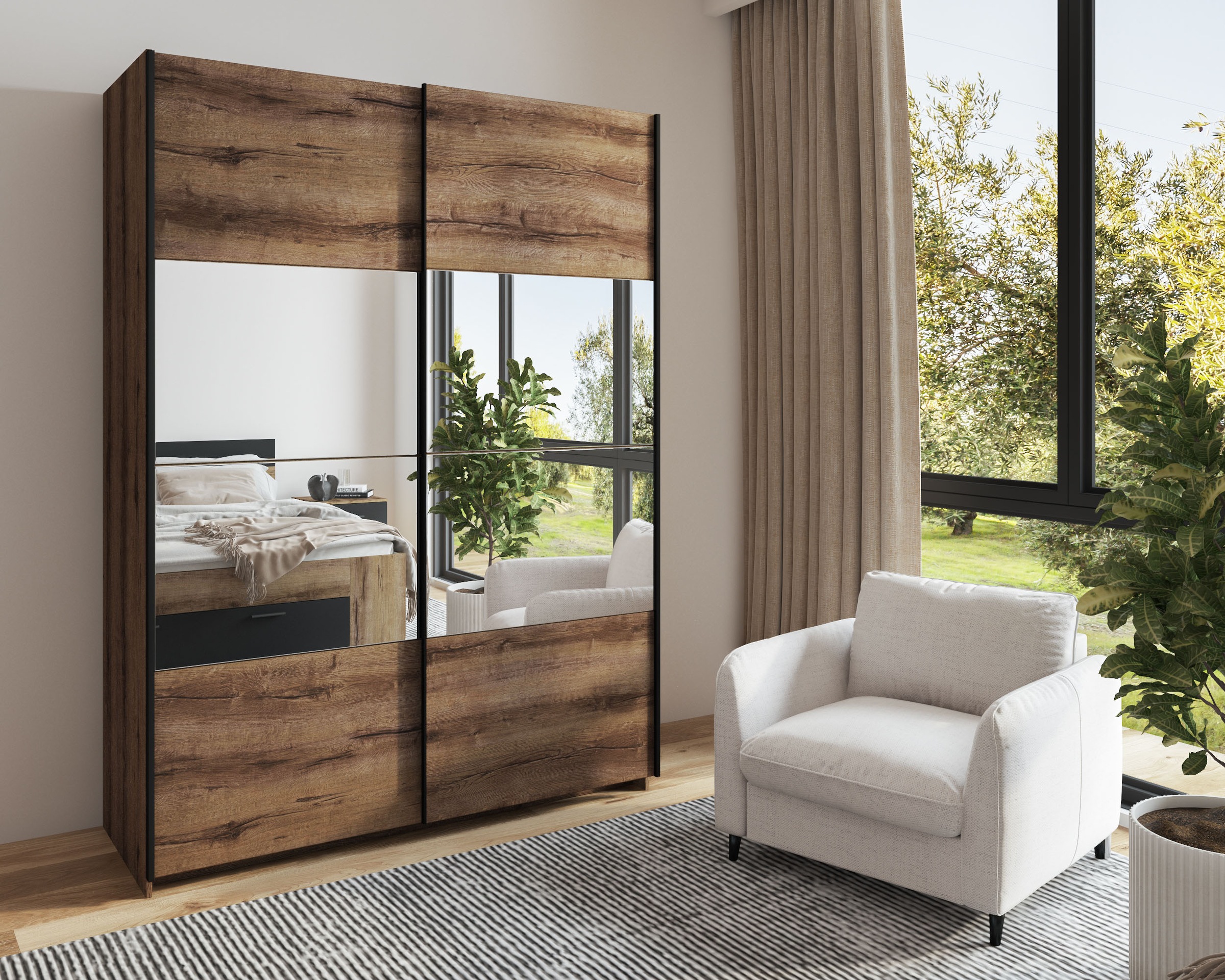 Helvetia Schwebetürenschrank Beta, mit Spiegelelement, inkl. 1 Kleiderstange und 5 Einlegeböden