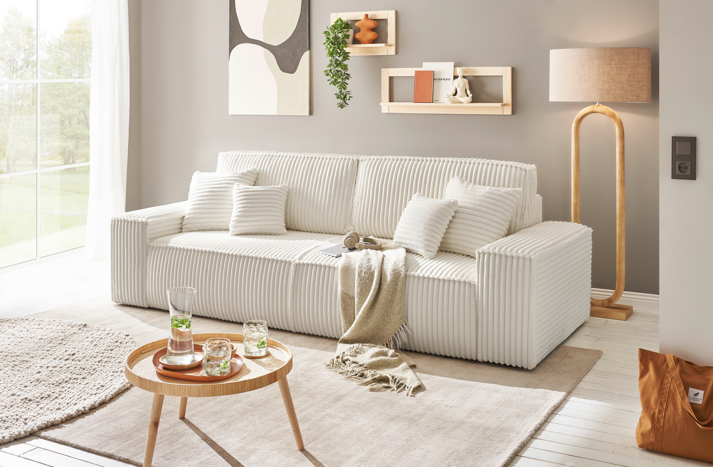 andas 3-Sitzer »FINNLEY Schlafsofa 257 cm, Schlaffunktion mit Bettkasten (200/136cm)«, in Aqua Clean-Bouclé, Struktur fein u. Cord