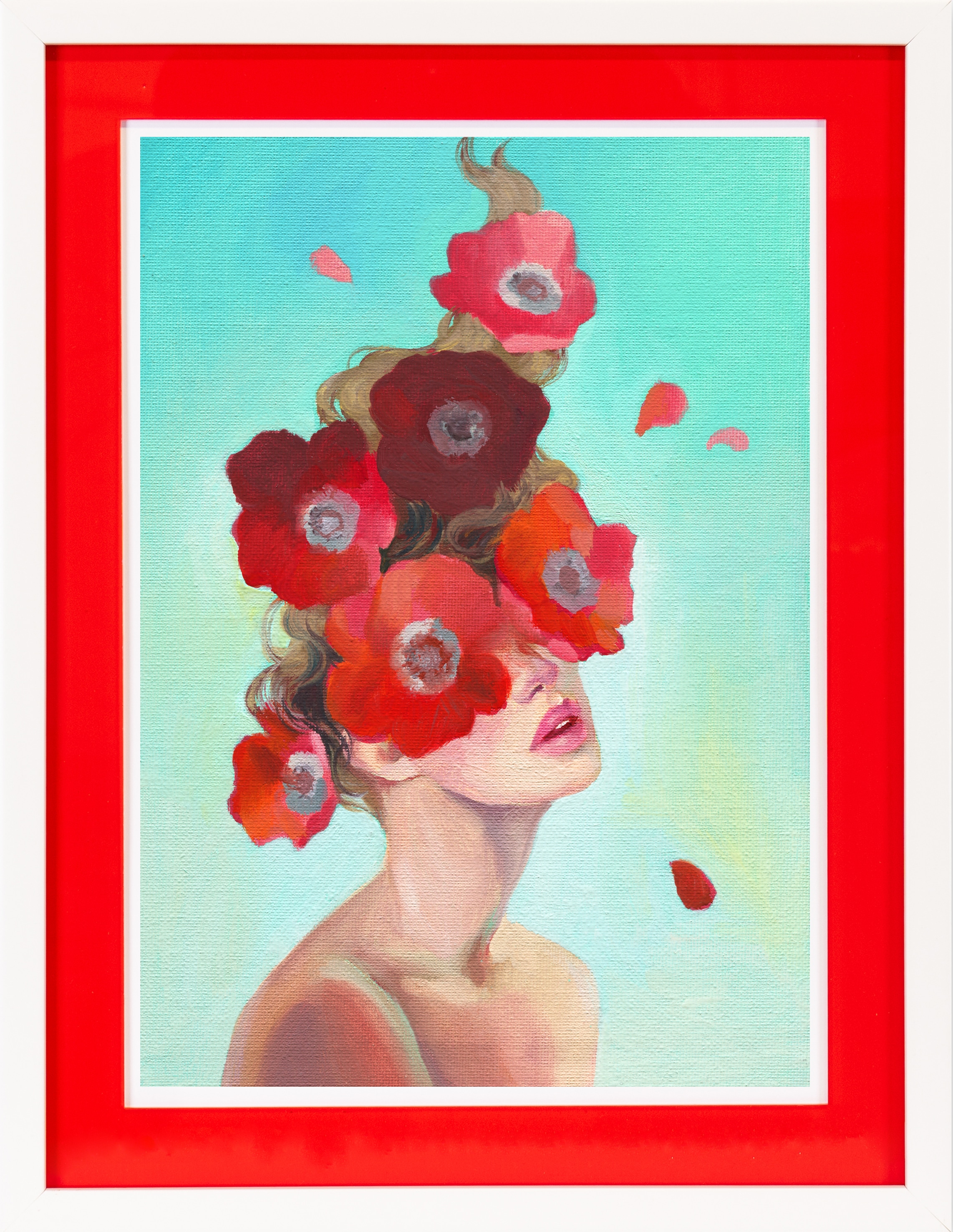 queence Bild mit Rahmen »Frau mit Blumen«, Bilder von Frauen-Blumen-Blumenbilder-Frau, (1 St.), Poster mit buntem Acrylglas Passepartout