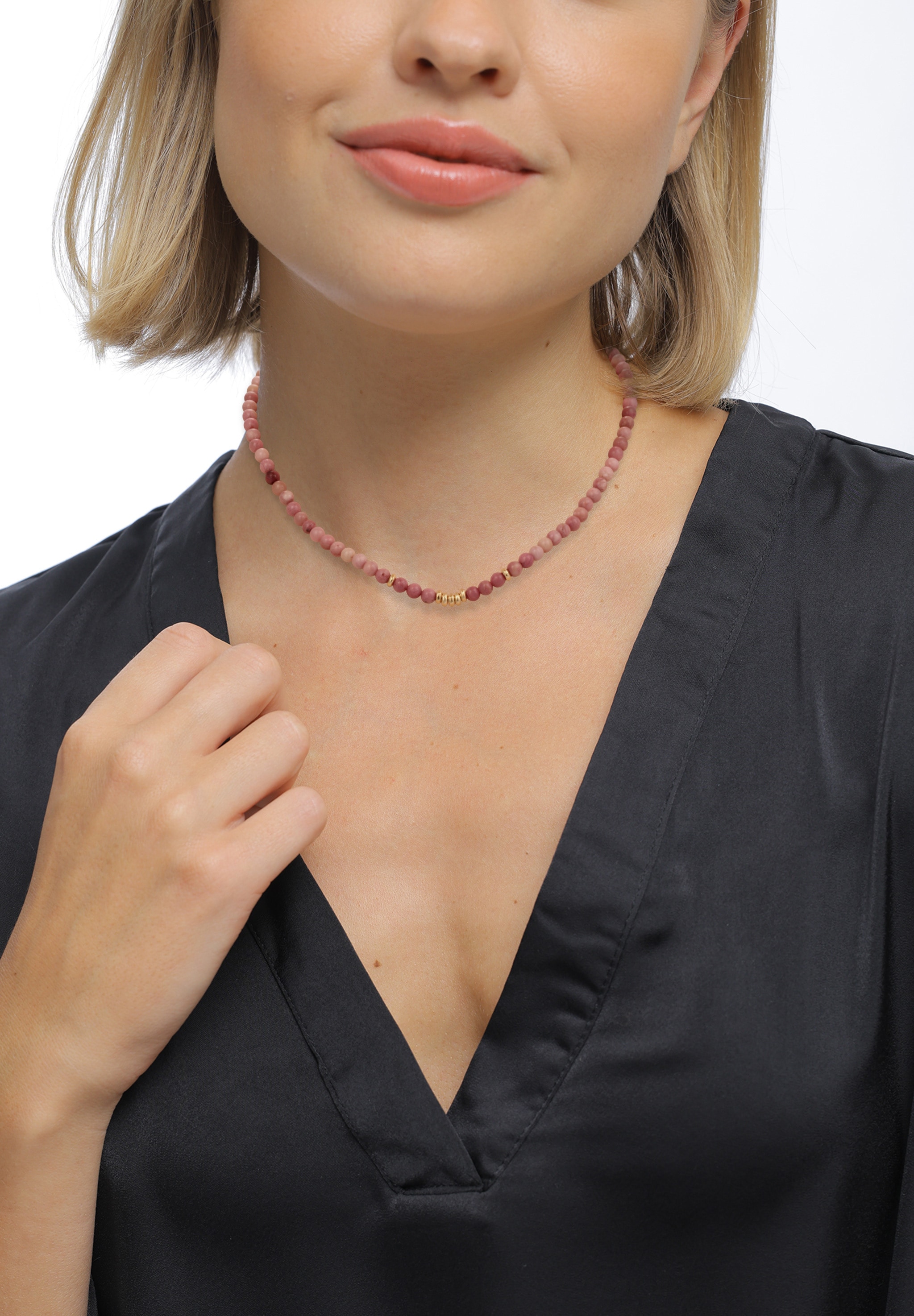 Elli Premium Silberkette »Halskette Perlen Rhodonite Pink 925 Sterling Silber vergoldet«