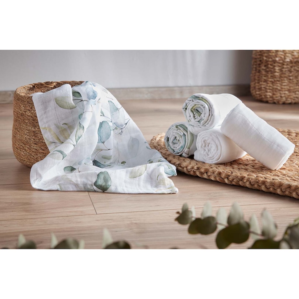 Rotho Babydesign Stoffwindeln »Musselintuch weiß/Natural Leaves«, (Set, 2 St.)