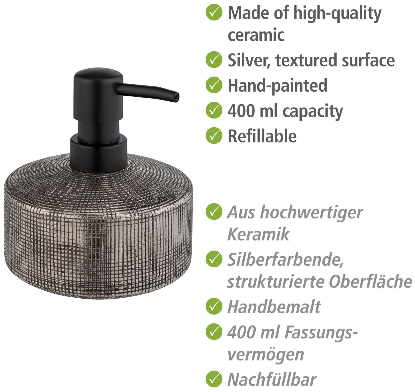 WENKO Seifenspender »Rivara«, (1 tlg.), Silber, Keramik, 400 ml