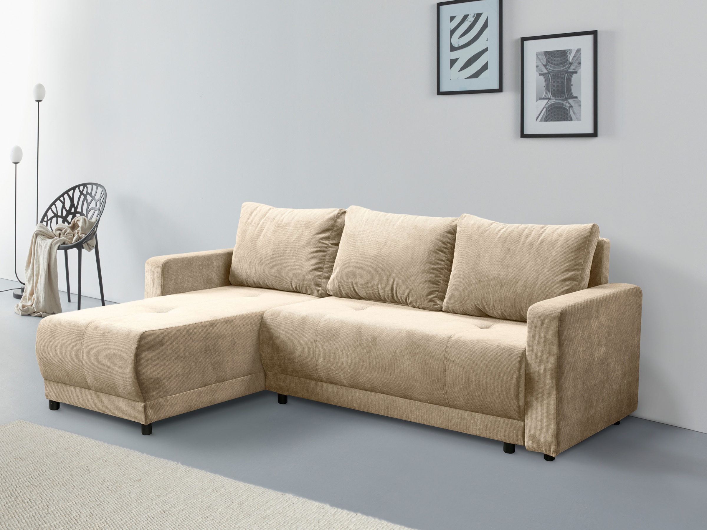 INOSIGN Ecksofa »Navarra, Schlafsofa, 230cm, m. Bettfunktion (115/200cm) und Bettkasten«, Recamiere beidseitig montierbar, in Cord