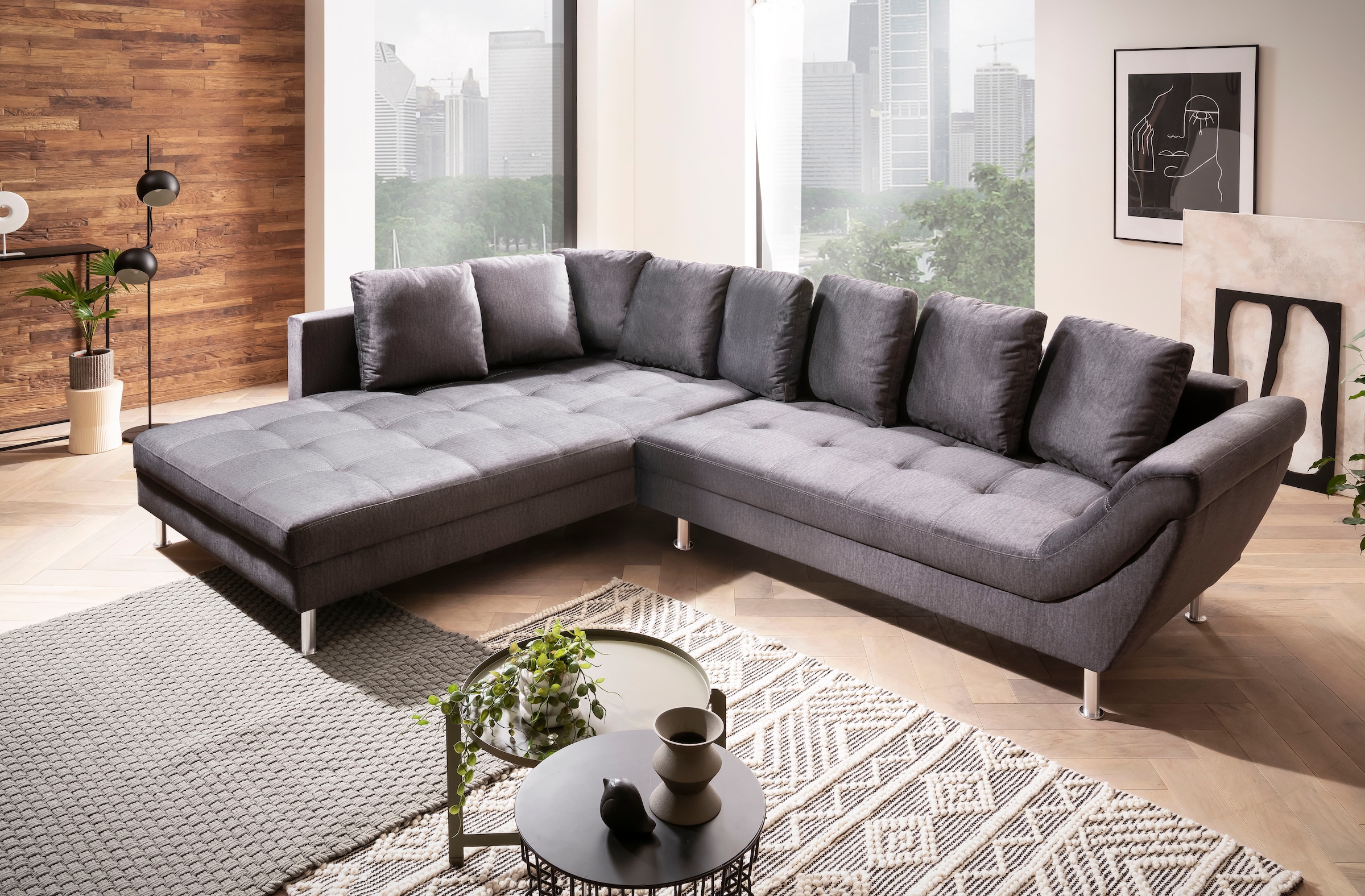 exxpo - sofa fashion Ecksofa »Laconi, extravagantes Designsofa mit tollem Sitzkomfort, L-Form«, in hochwertiger Detailverarbeitung, bequeme Armlehne, hoher Fuß