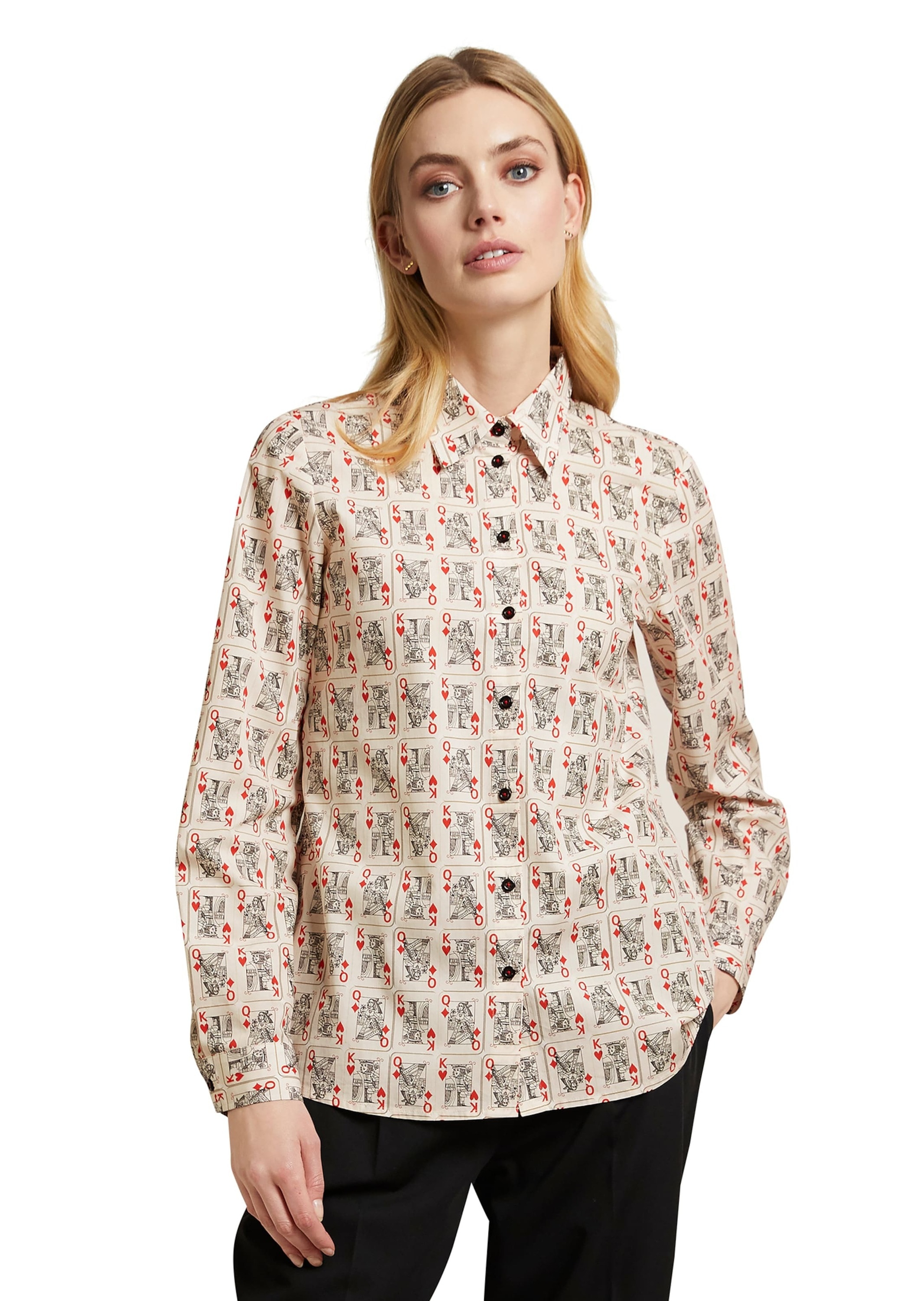 MADELEINE Langarmbluse »Bluse Baumwollbluse mit Kartenspiel-Motiven«