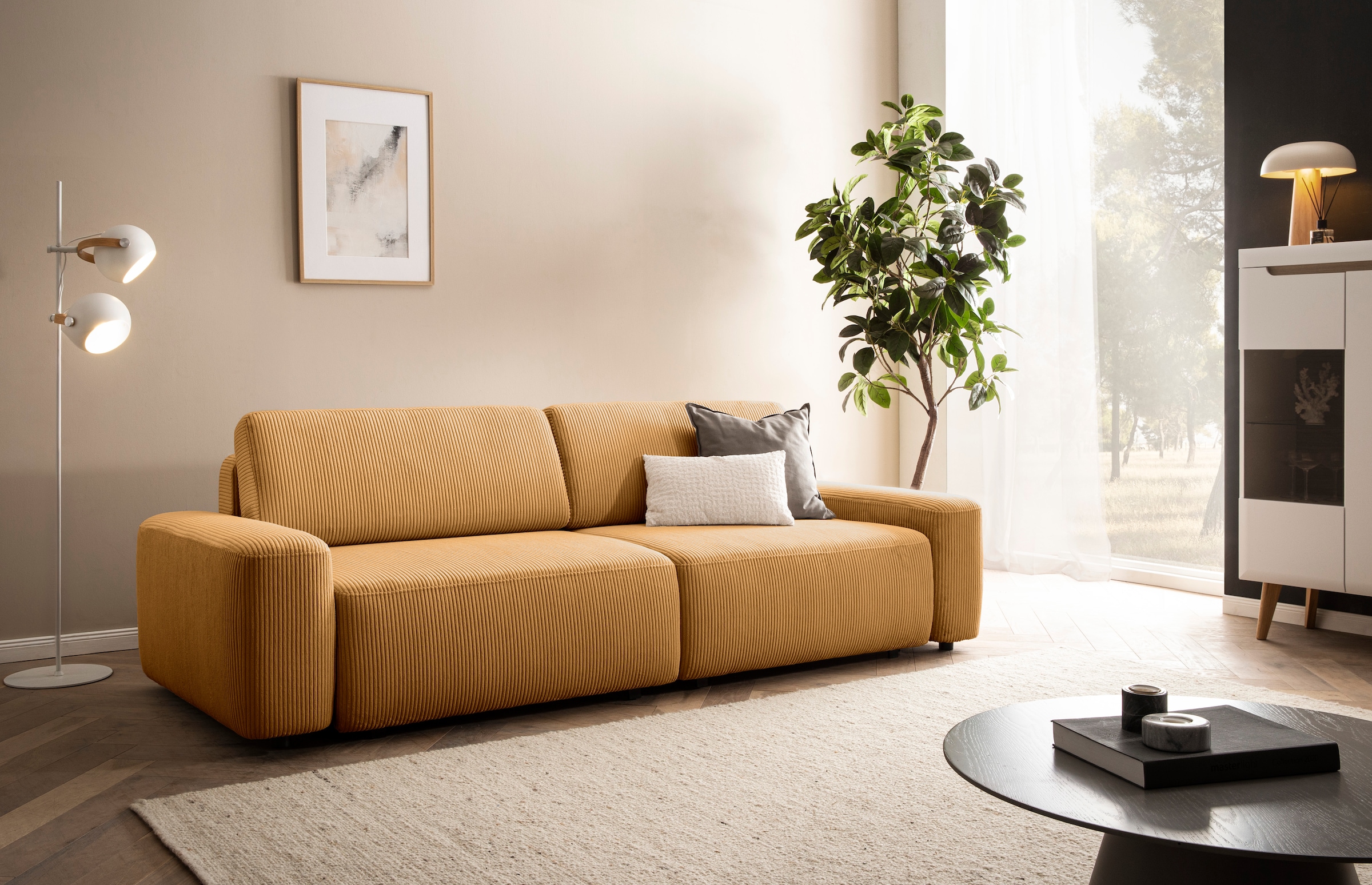 INOSIGN 3-Sitzer »TORGE (257cm), Sofa,Schlafsofa in Cord, Samtvelours, Struktur fein« rundes Design, Schlaffunktion u. Bettkasten, Liegefläche: 135/200 cm