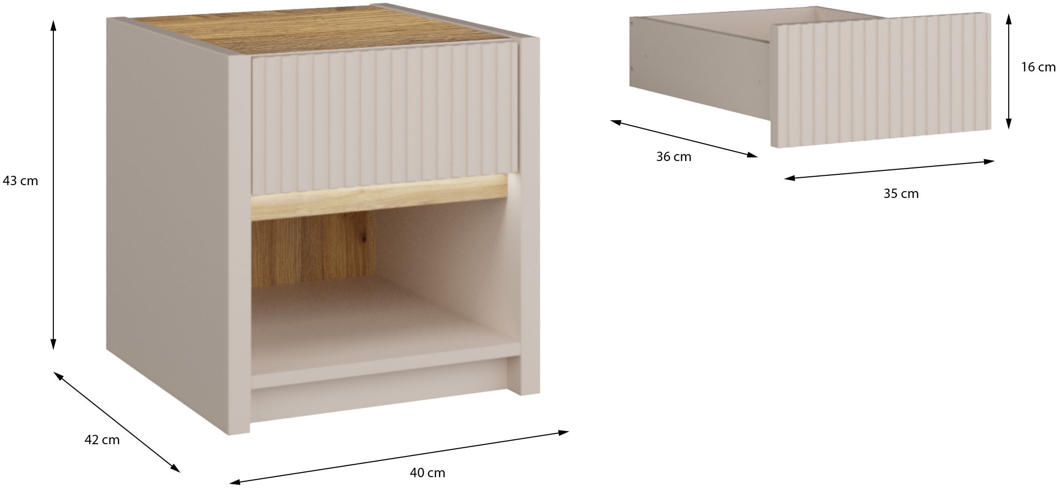 FORTE Nachtkommode »Oak Squere« B/H/T 40,6/43/41,7 cm inklusive Beleuchtung, Vollauszug