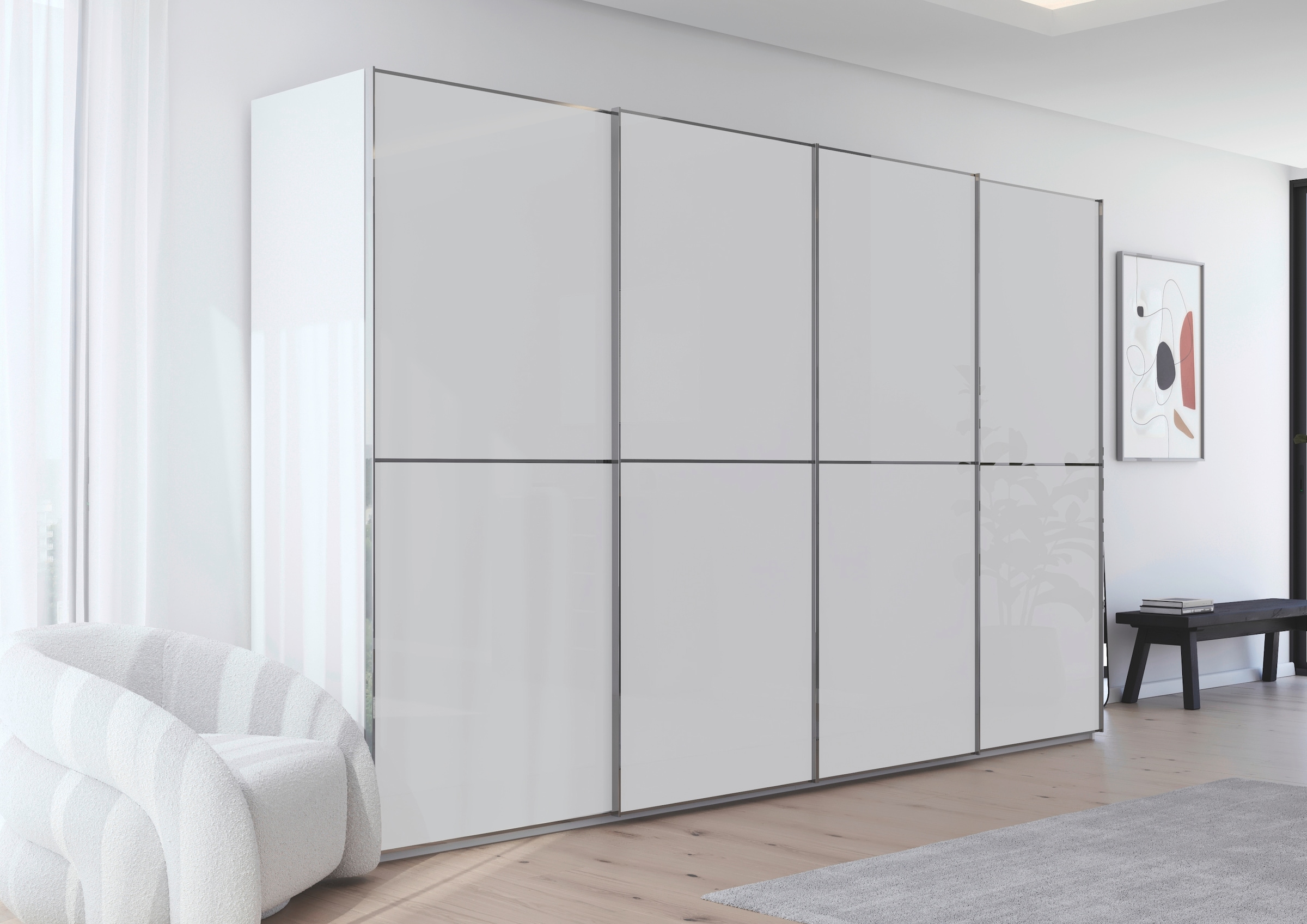 rauch Schwebetürenschrank »Kleiderschrank Schrank Garderobe Schlafzimmerschrank SCALE-DUO«, edle zweigeteilte Türen Glas-Front mit 3 Zierleisten MADE IN GERMANY