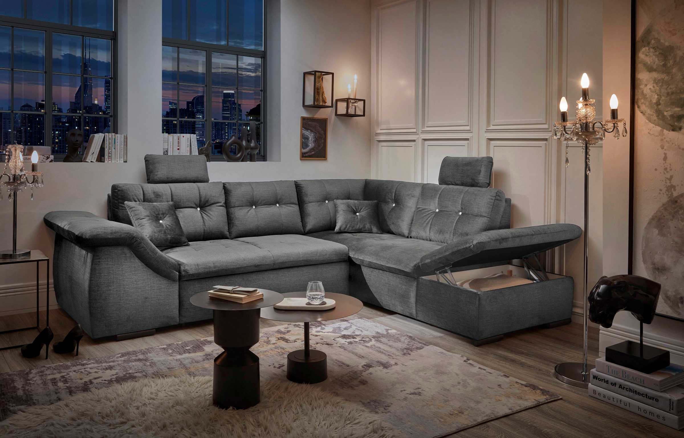 ED EXCITING DESIGN Ecksofa »Bolonia L-Form«, mit Bettfunktion, Bettkasten, Kopfstützen & 2 Zierkissen, Strasstein