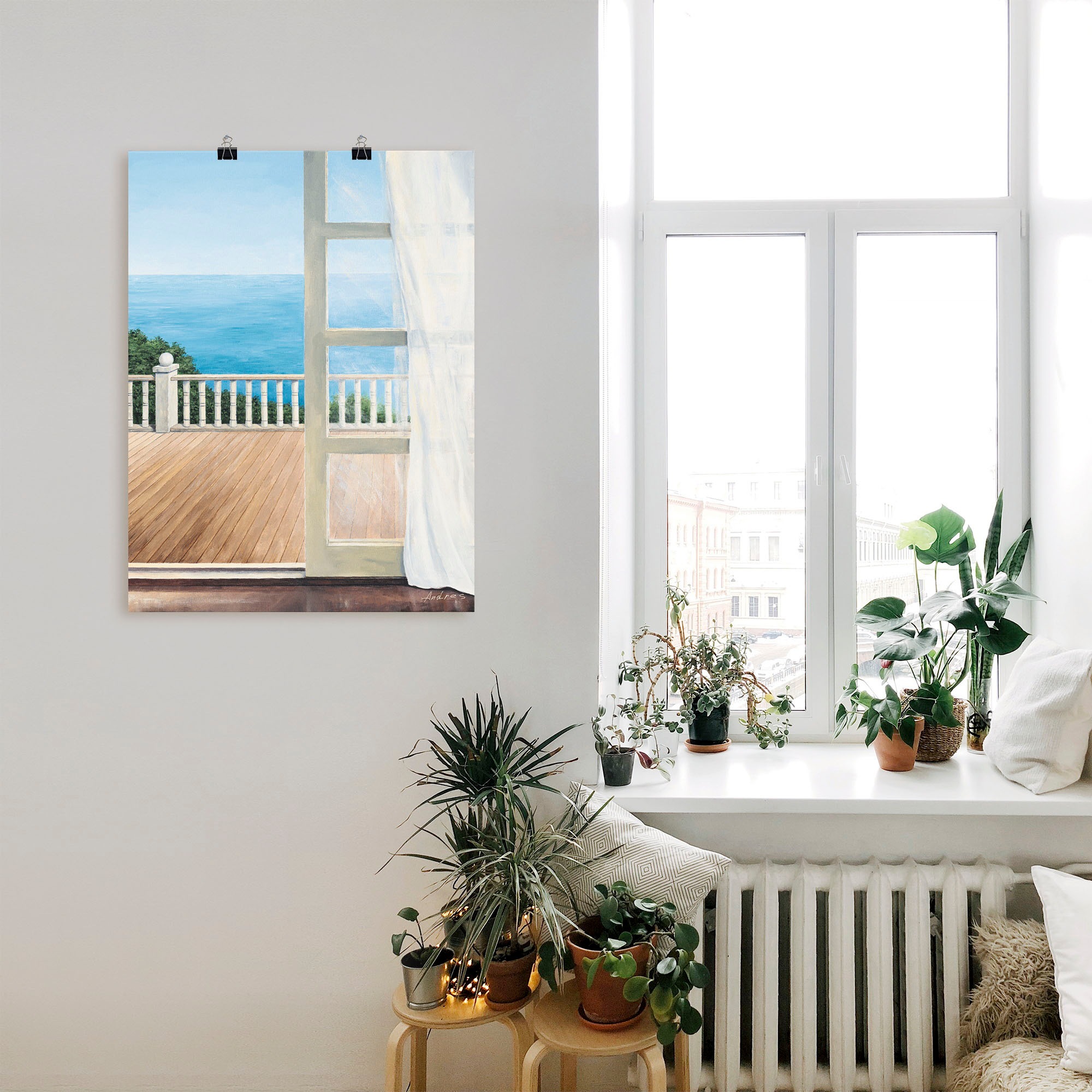 Artland Poster »Veranda mit Meerblick«, Fensterblick, (1 St.), auf Keilrahmen gespannt