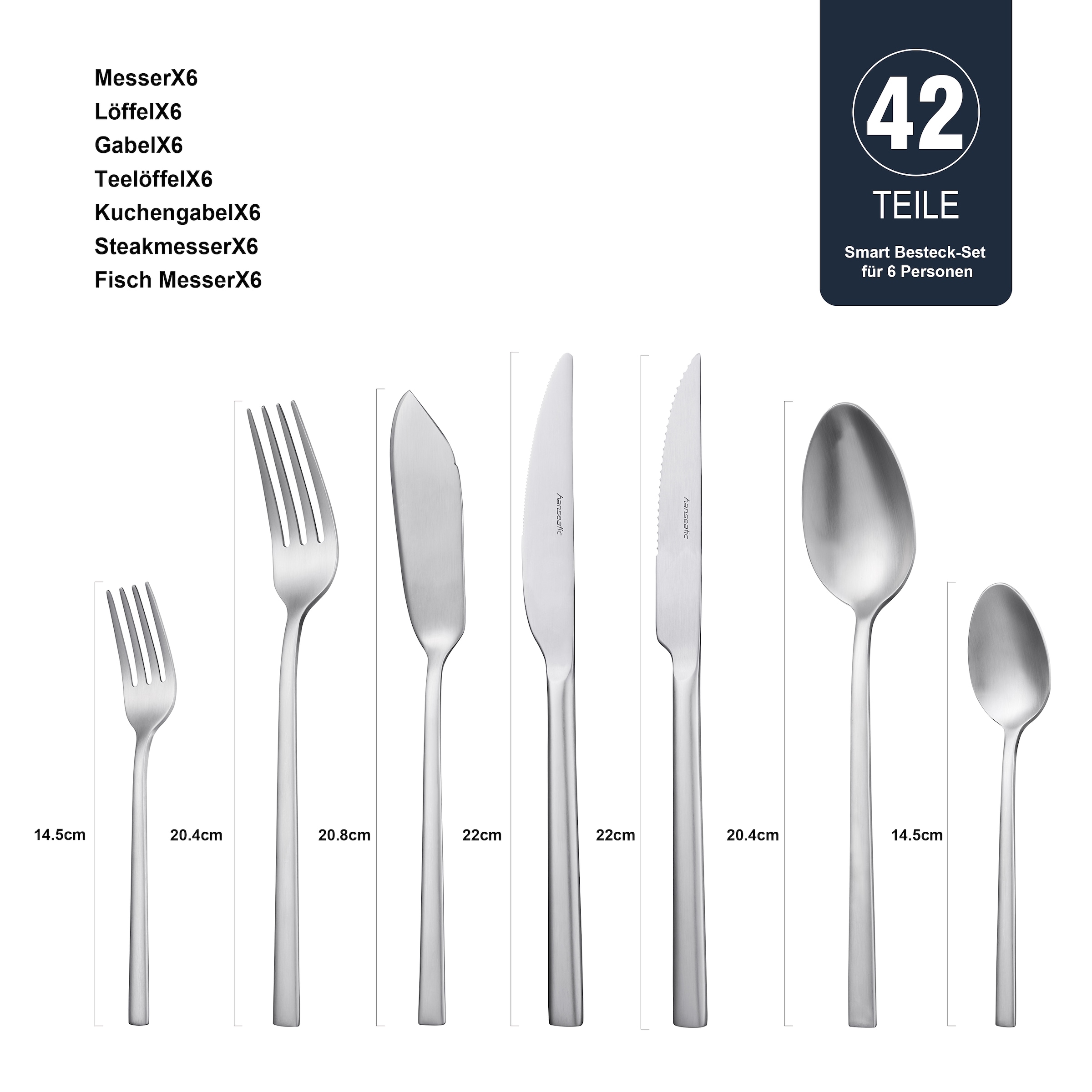 Hanseatic Besteck-Set »SMART, in matter Optik«, (Set, 42 tlg.), leichtes und minimalistisches Design