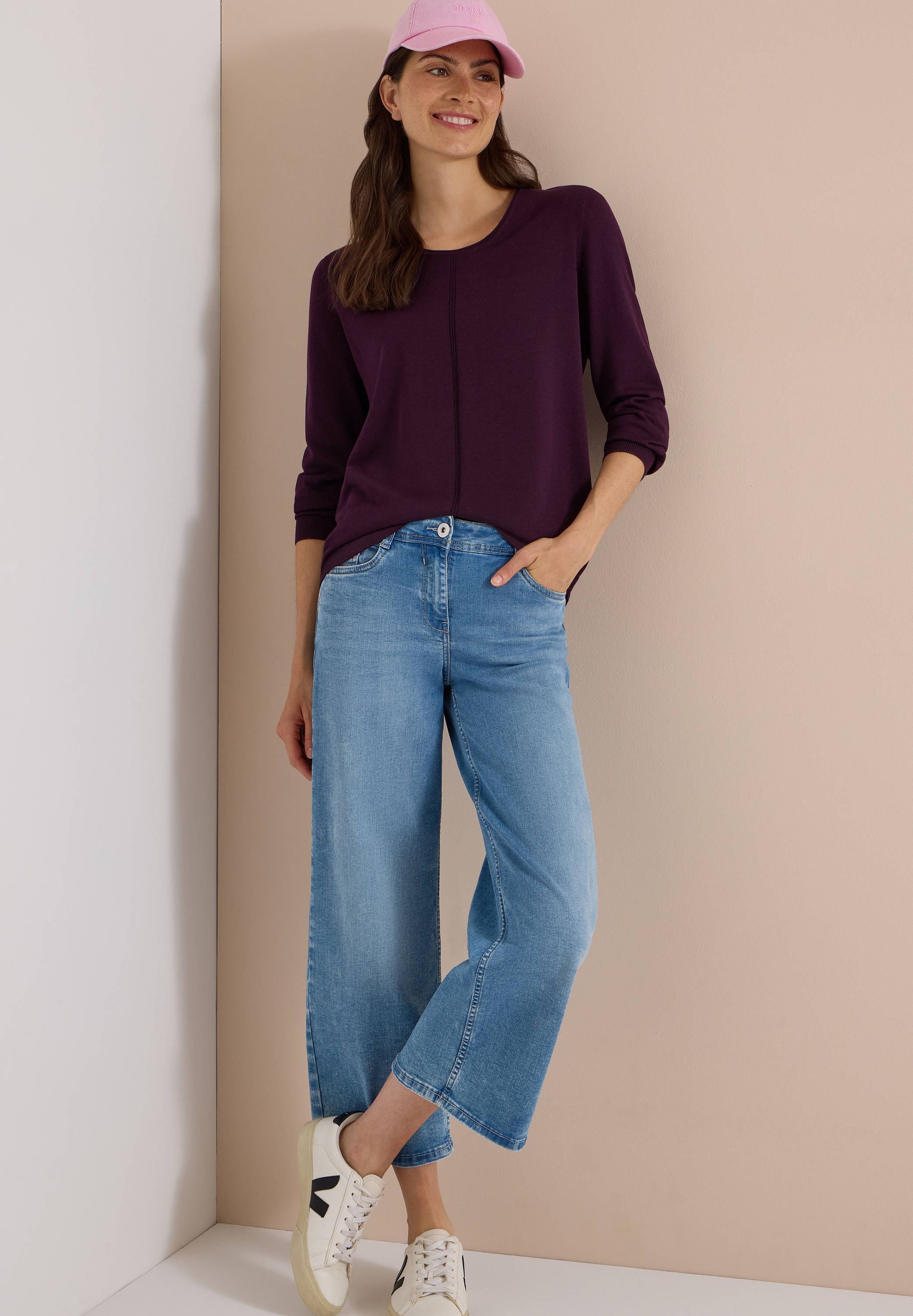 Cecil Strickpullover Baumwoll-Viskosemix, Feinstrick, unifarben