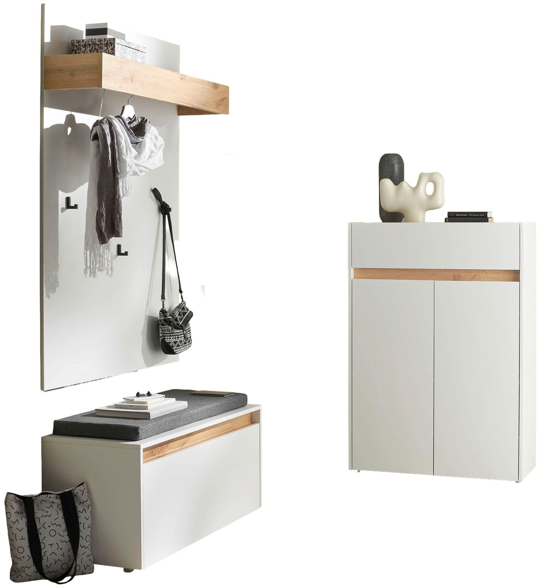 INOSIGN Garderoben-Set »City/Giron, moderne Garderobe, viel Stauraum, ca. 24 Schuhe«, (Set, 3 St.), enthält Schuhschrank, Garderobenpaneel & Garderobenbank mit Sitzkissen