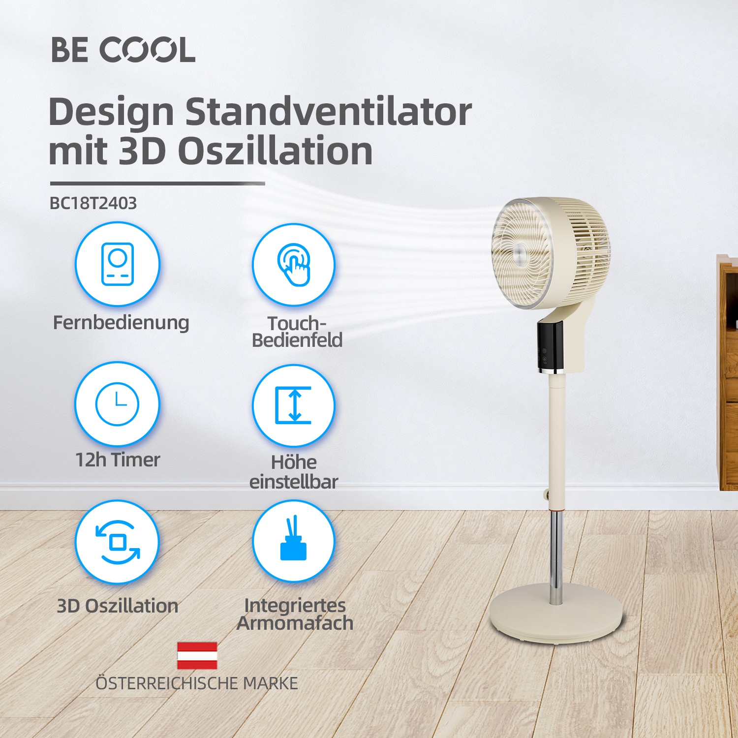 be cool Standventilator »Design-Standventilator 26cm mit 3D-Oszillation & Aromabox beige«, 3D-Osszilation, Aromabox