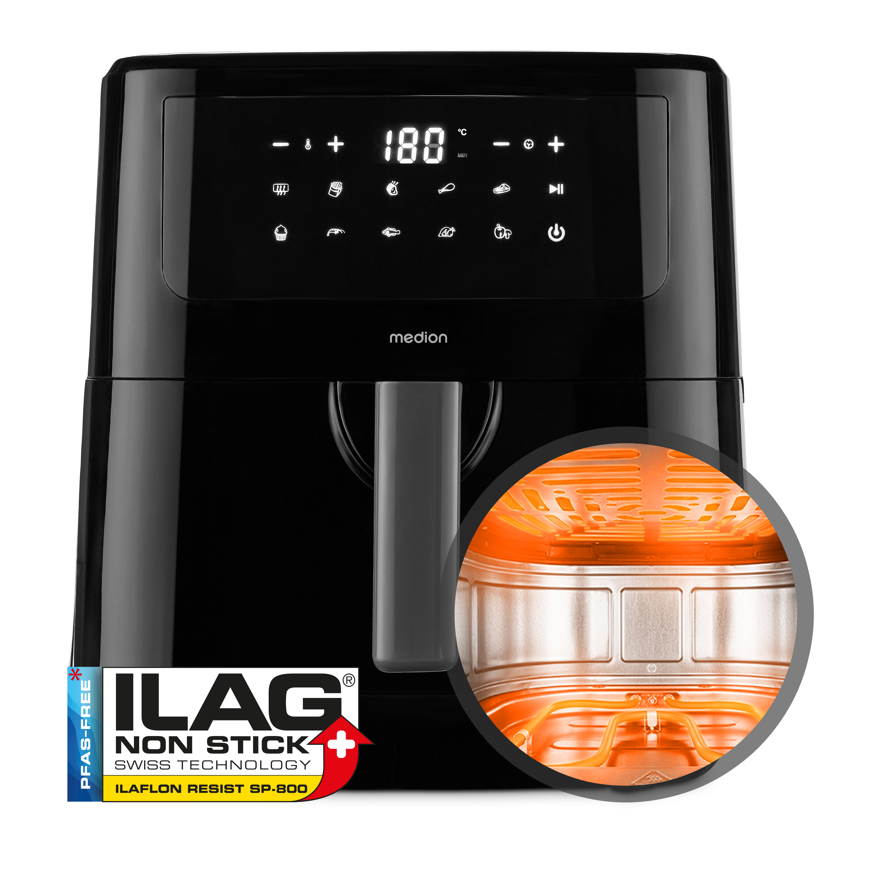 Medion Heißluftfritteuse »MD 11750 P10 XL Duo« 2000 W Fassungsvermögen 6,8 l Temperatur einstellbar 50 - 200 °C, ILAG Beschichtung, Timer in schwarz