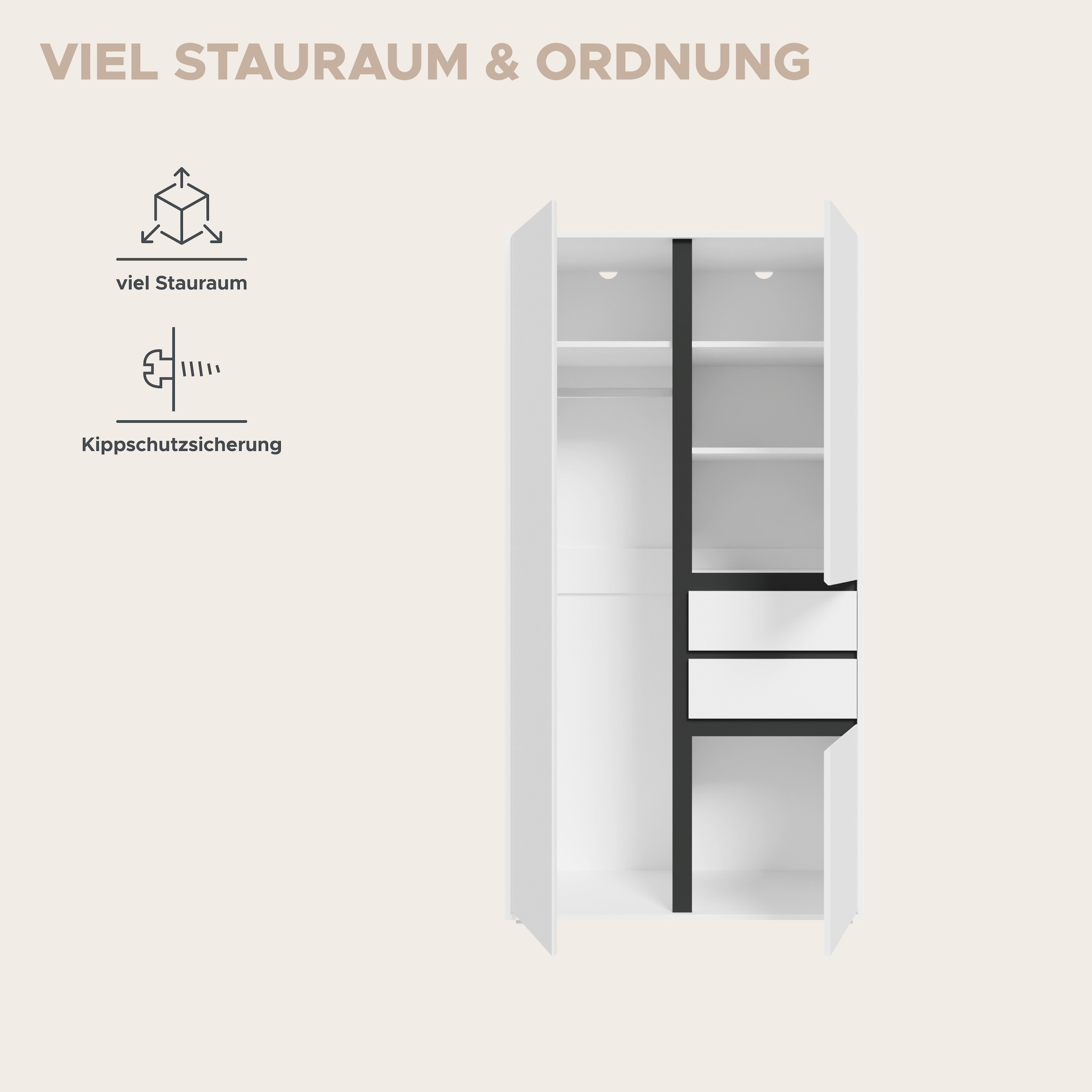 Home affaire Kleiderschrank »NULA, Schlafzimmerschrank, Garderobe, Schrank« in verschiedenen Ausführungen und Farben erhältlich, 1 Stk. tlg. 3 Türen, 2 Schubkästen, 1 E-Boden, 5 K-Böden, 1 Kleiderstange