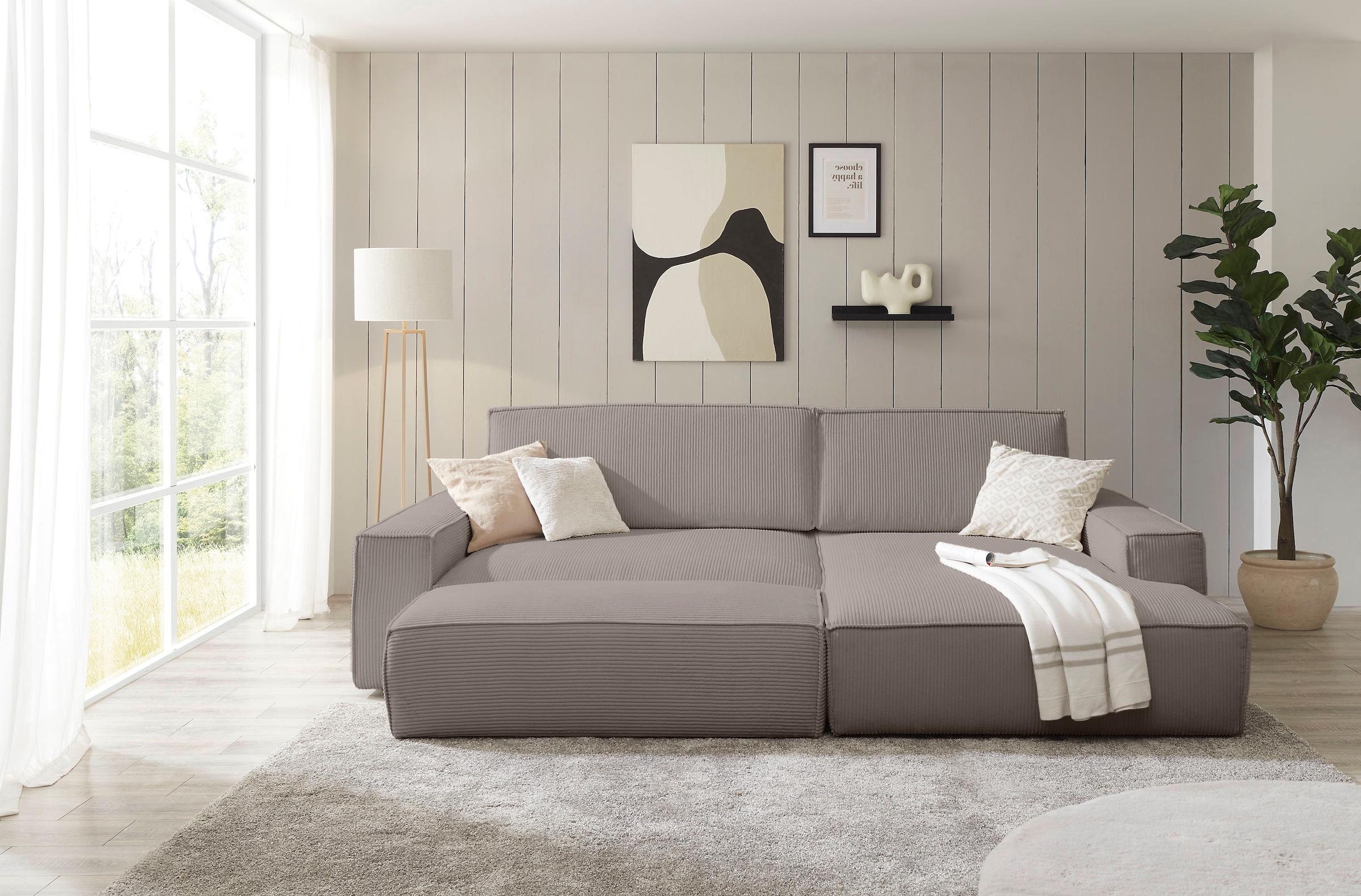 Home affaire Polsterecke »NEU: SHERWOOD XXL tief, L-Form mit Schlaffunktion, Big-Sofa mit Hocker«, (Set, 2 St.), stellbar zum Schlafsofa (Krokodilverbinder), Cord, Leinenoptik