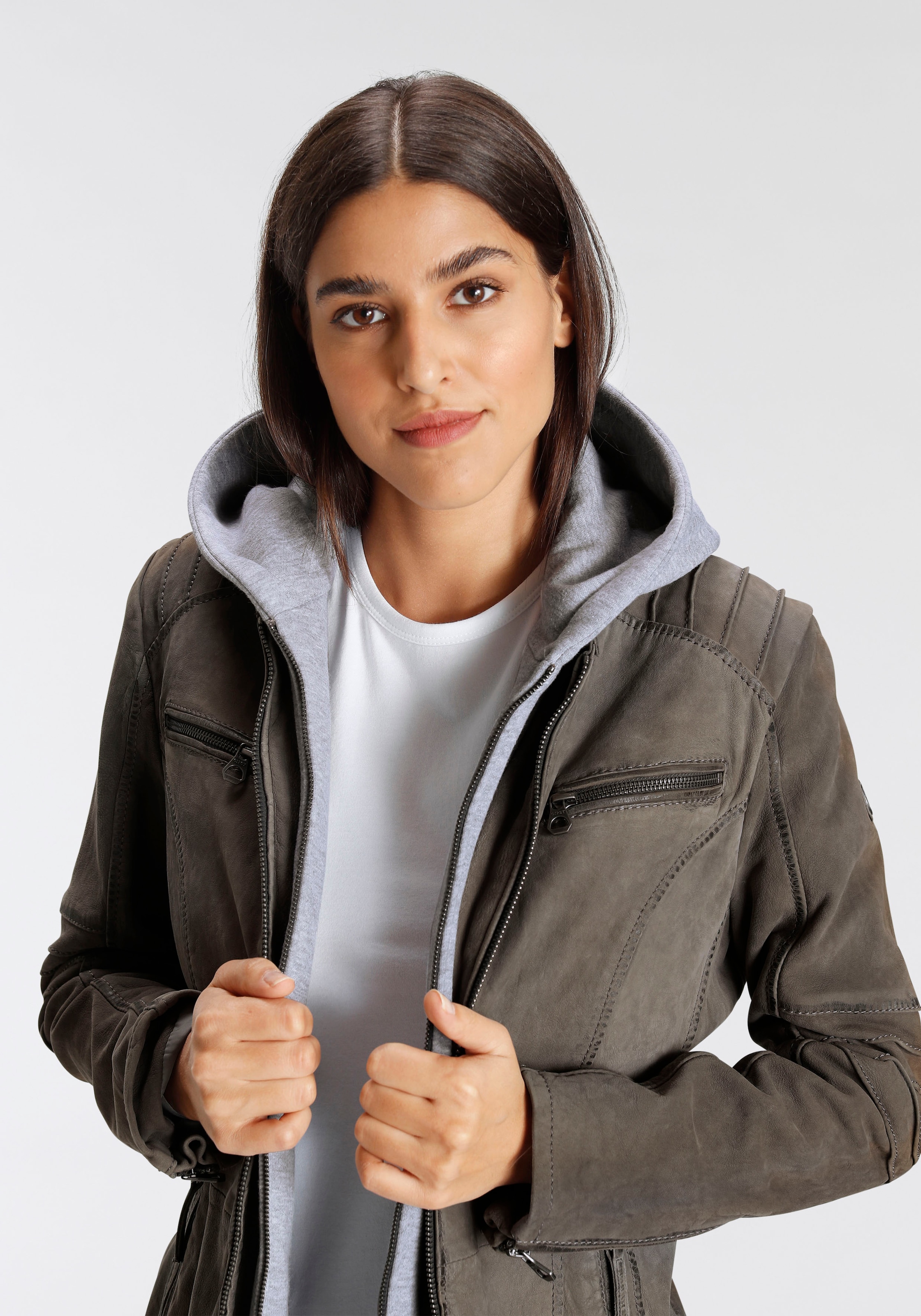 Mauritius Lederjacke »NILAH«, mit Kapuze, mit seitlichen Riegeln in der Taille