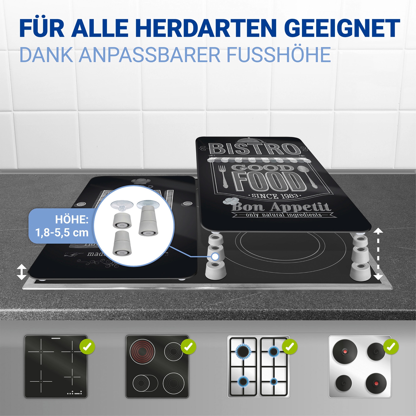 WENKO Herd-Abdeckplatte »Universal Modell Bon Appetit«, (Set, 2 tlg.), Herdabdeckung für alle Herdarten, kratzfest, mit rutschfesten Füßen