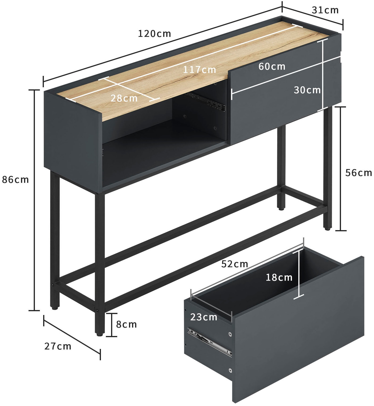 OTTO home Konsolentisch »Azly« pflegeleichte Melaminoberfläche, Metallgestell, Breite 120 cm
