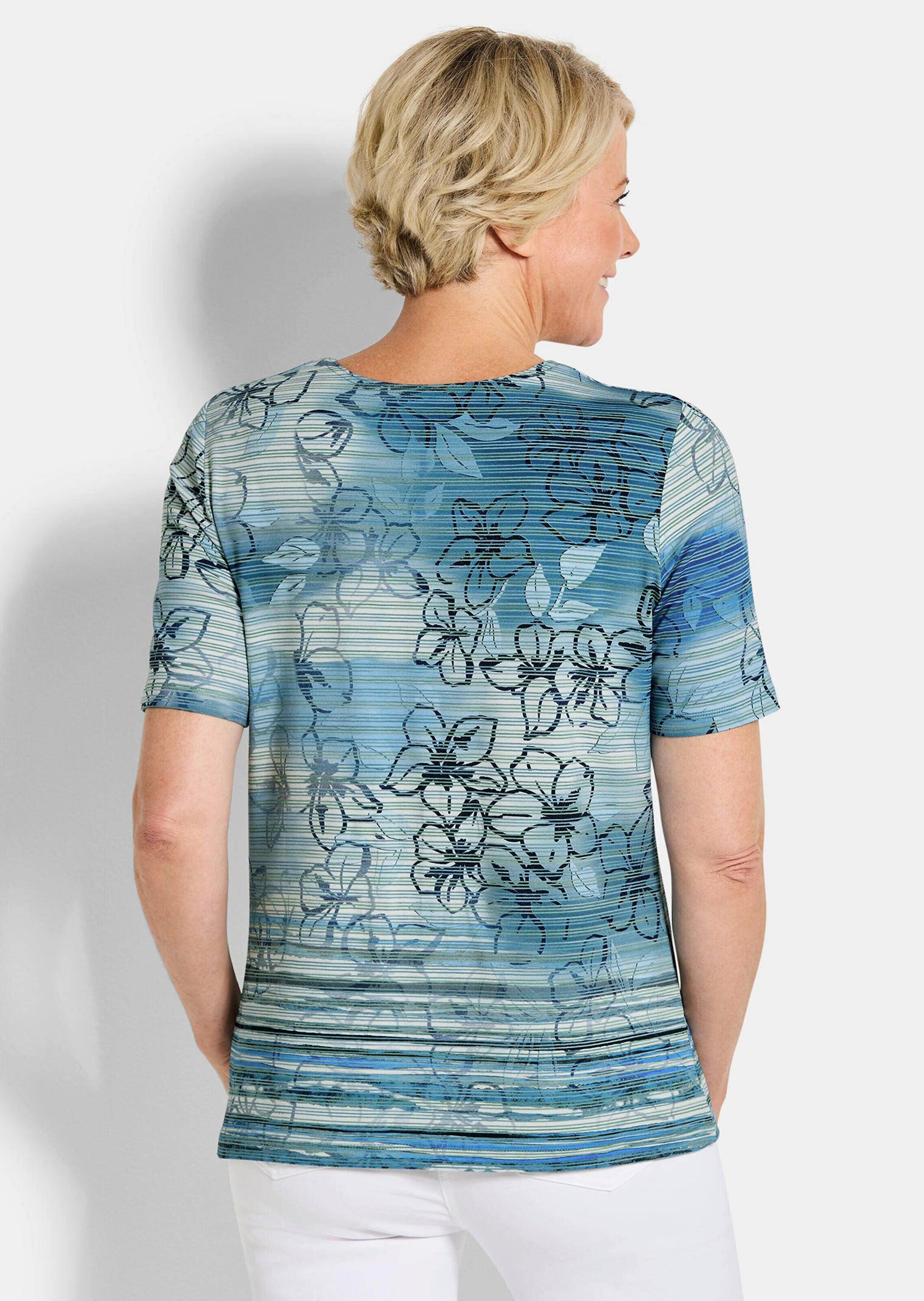 GOLDNER Kurzarmshirt »Kurzgröße Druckshirt mit floralem Muster« stretchbequemer Jersey