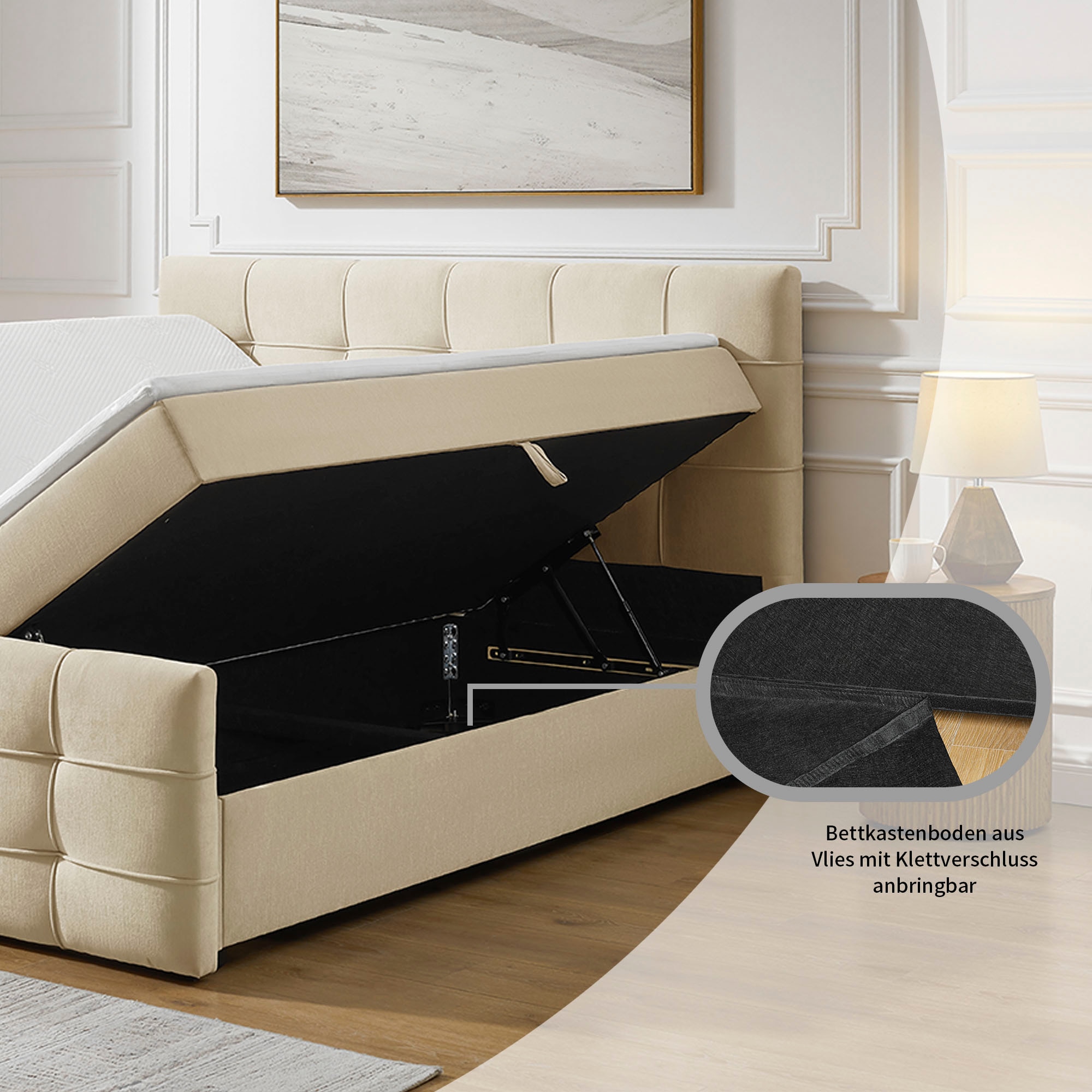 OTTO home Boxbett »LILIENNE, Polsterbett mit Bettkasten und Taschenfederkernmatratze H3« mit Kaltschaumtopper, Chenille-Bezug, 160x200 & 180x200 cm