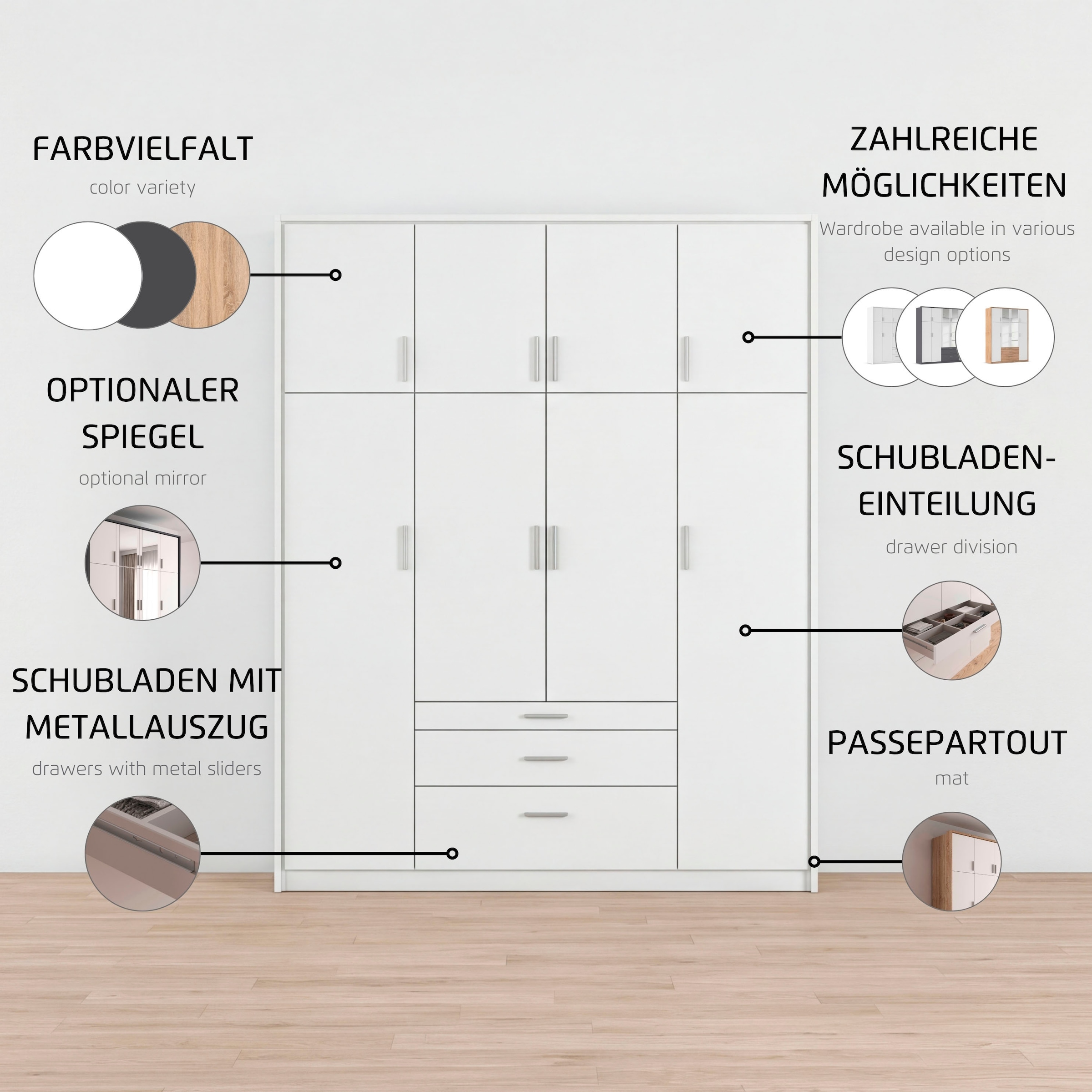rauch Kleiderschrank »Schrank Drehtürenschrank Garderobe Ankleide Schlafzimmer HILDESHEIM« Breiten: 185/275 cm, Höhe 231 cm,  oberste Schublade mit praktischer Facheinteilung MADE IN GERMANY