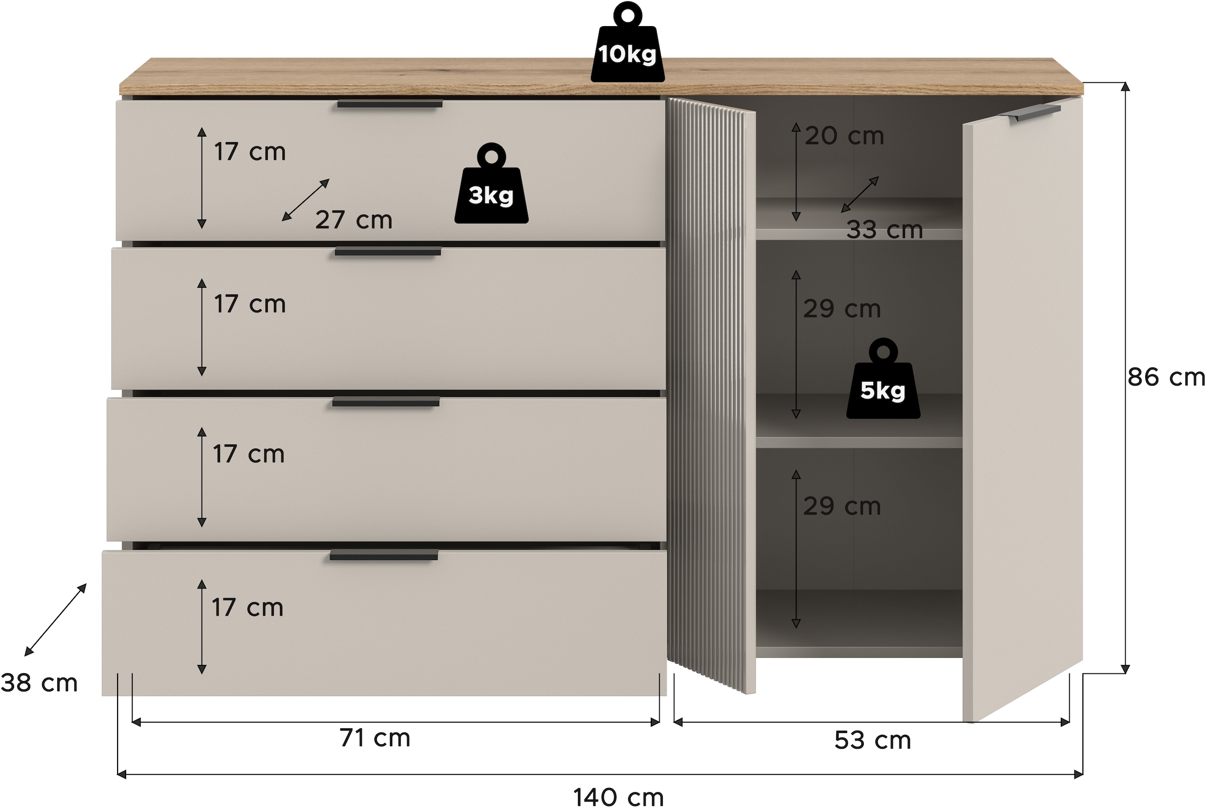 Home affaire Sideboard »EDIL, Breite 180 cm, 5 Türen, 1 Schubkasten, 5 Einlegeböden, 8 Fächer« Garderobenschrank, Schuhschrank, Schuhkommode, Kommode, Anrichte